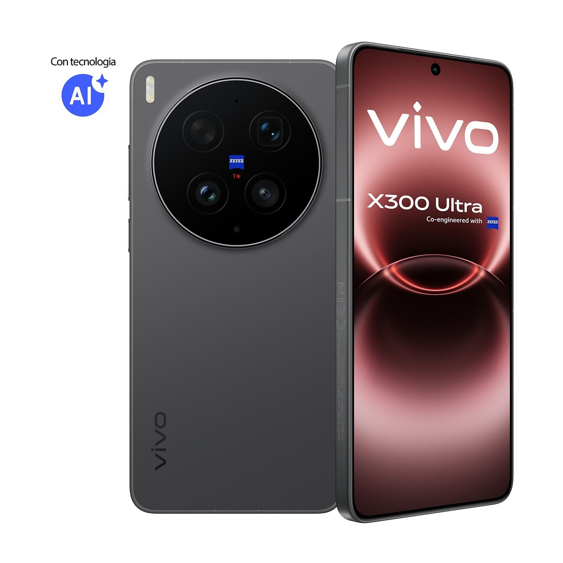 Smartphone grigio Vivo X300 Ultra con fotocamera ZEISS e logo AI.