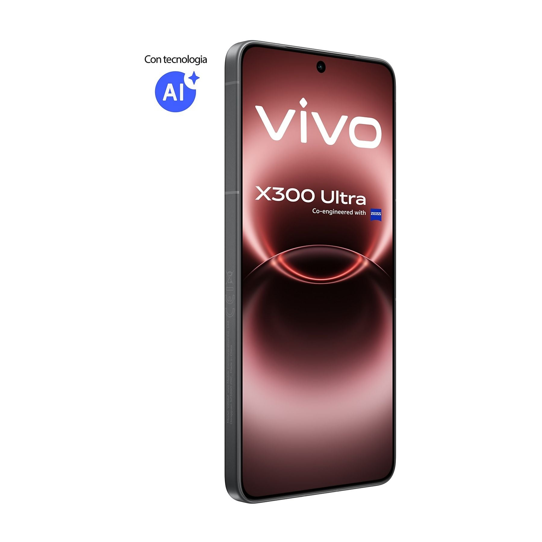 Uno smartphone Vivo X300 Ultra scuro con logo AI e co-ingegneria Zeiss.