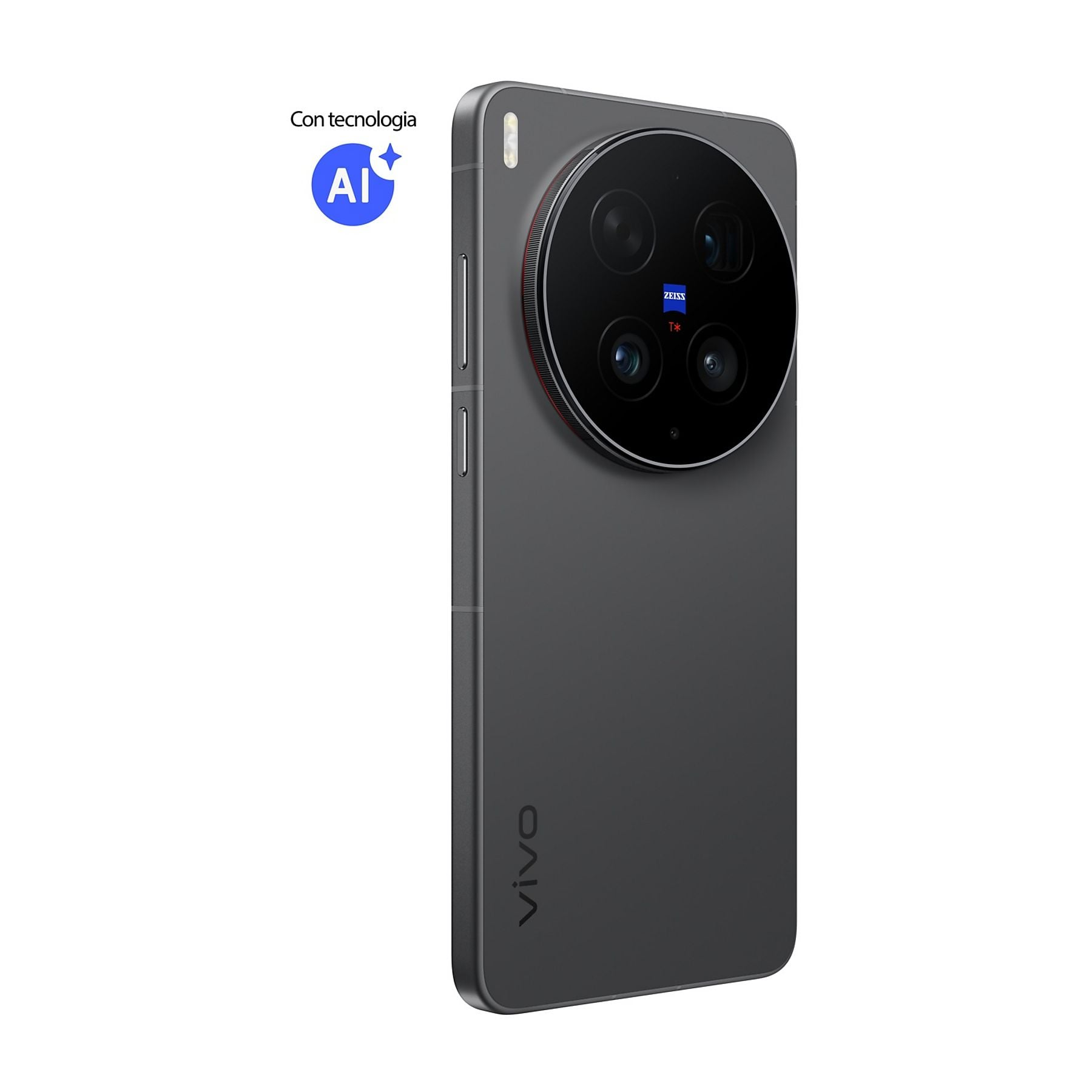 Smartphone grigio scuro con grande modulo fotocamera circolare e logo AI.