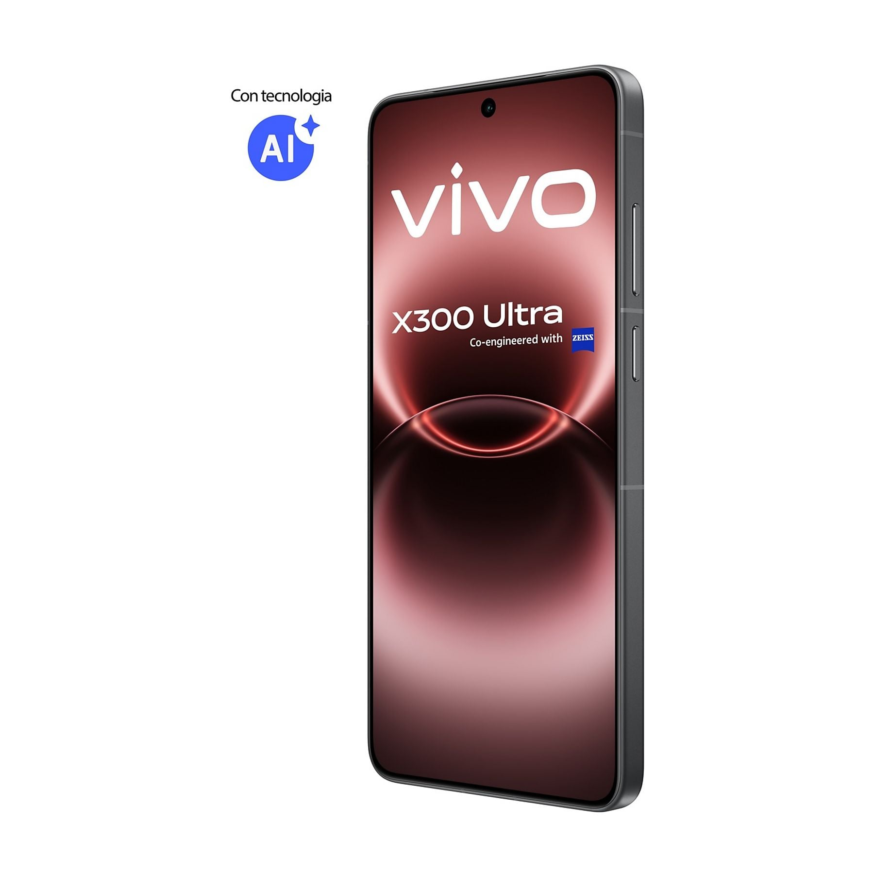 Uno smartphone grigio Vivo X300 Ultra con tecnologia AI e logo Zeiss.