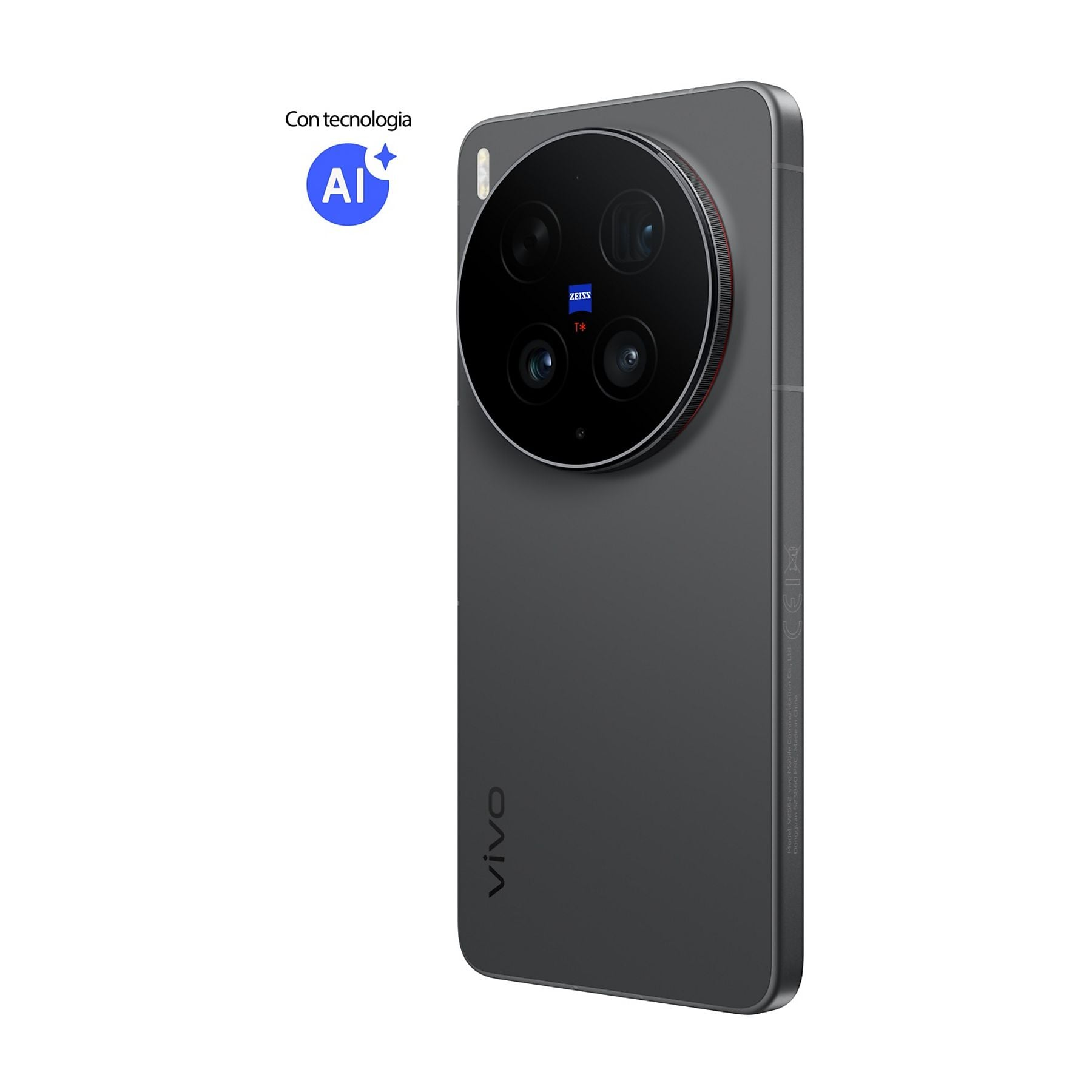 Uno smartphone scuro con quattro fotocamere, logo Zeiss e icona AI.