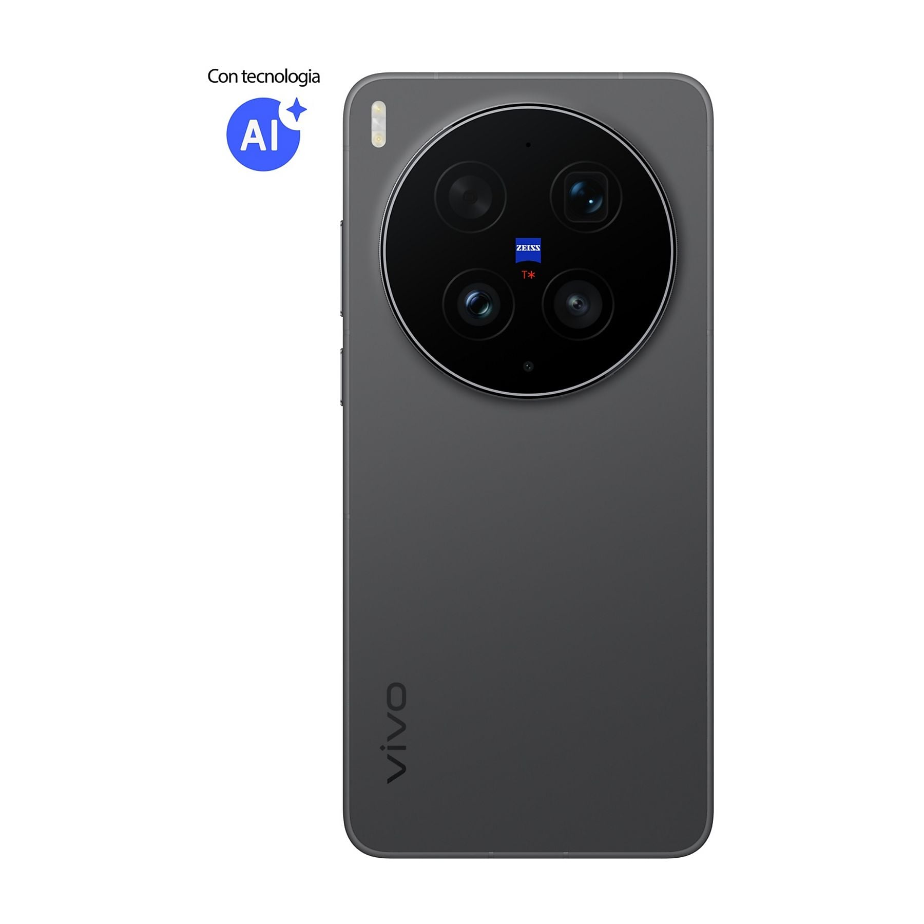 Smartphone grigio con logo AI e fotocamera ZEISS sul retro.