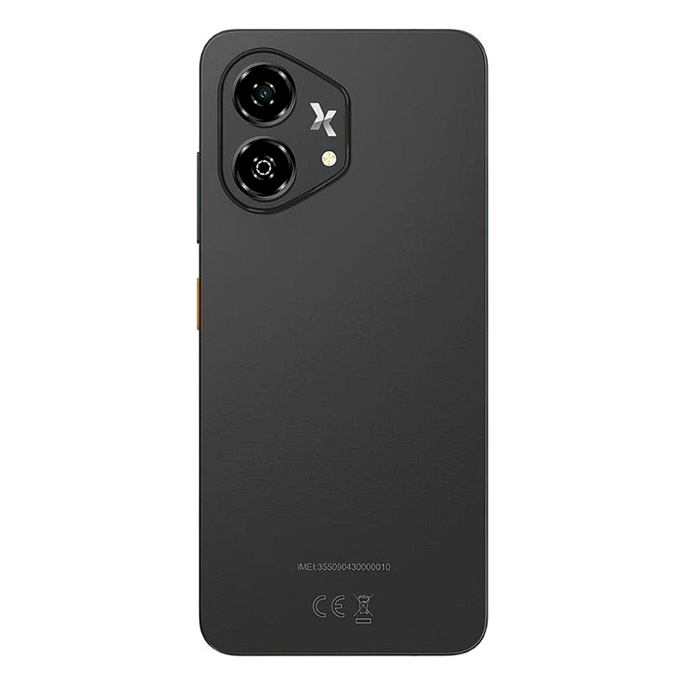 Tył czarnego smartfona z dwoma aparatami i logo X.