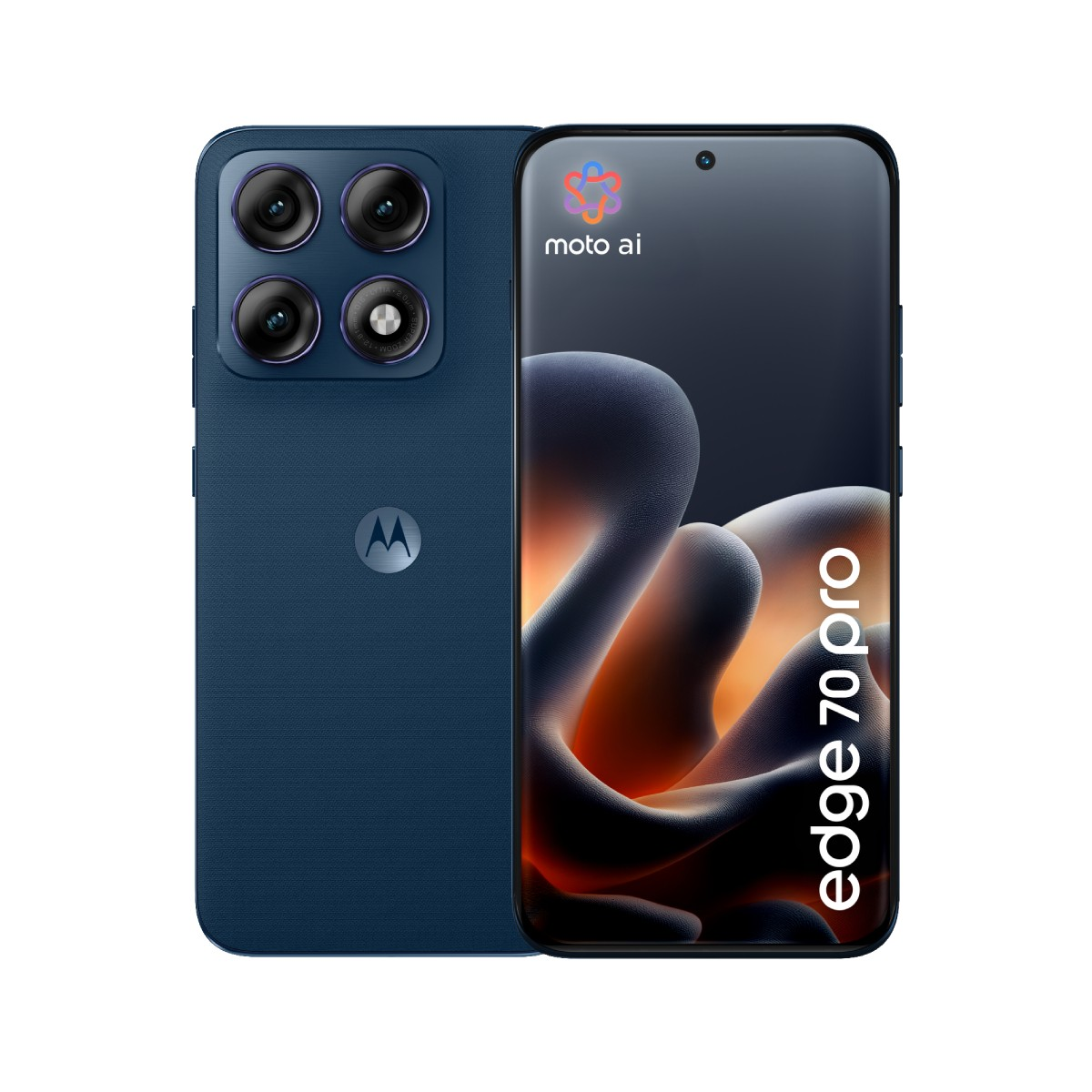 Smartphone Motorola Edge 70 Pro blu scuro con quattro fotocamere e logo Moto AI.