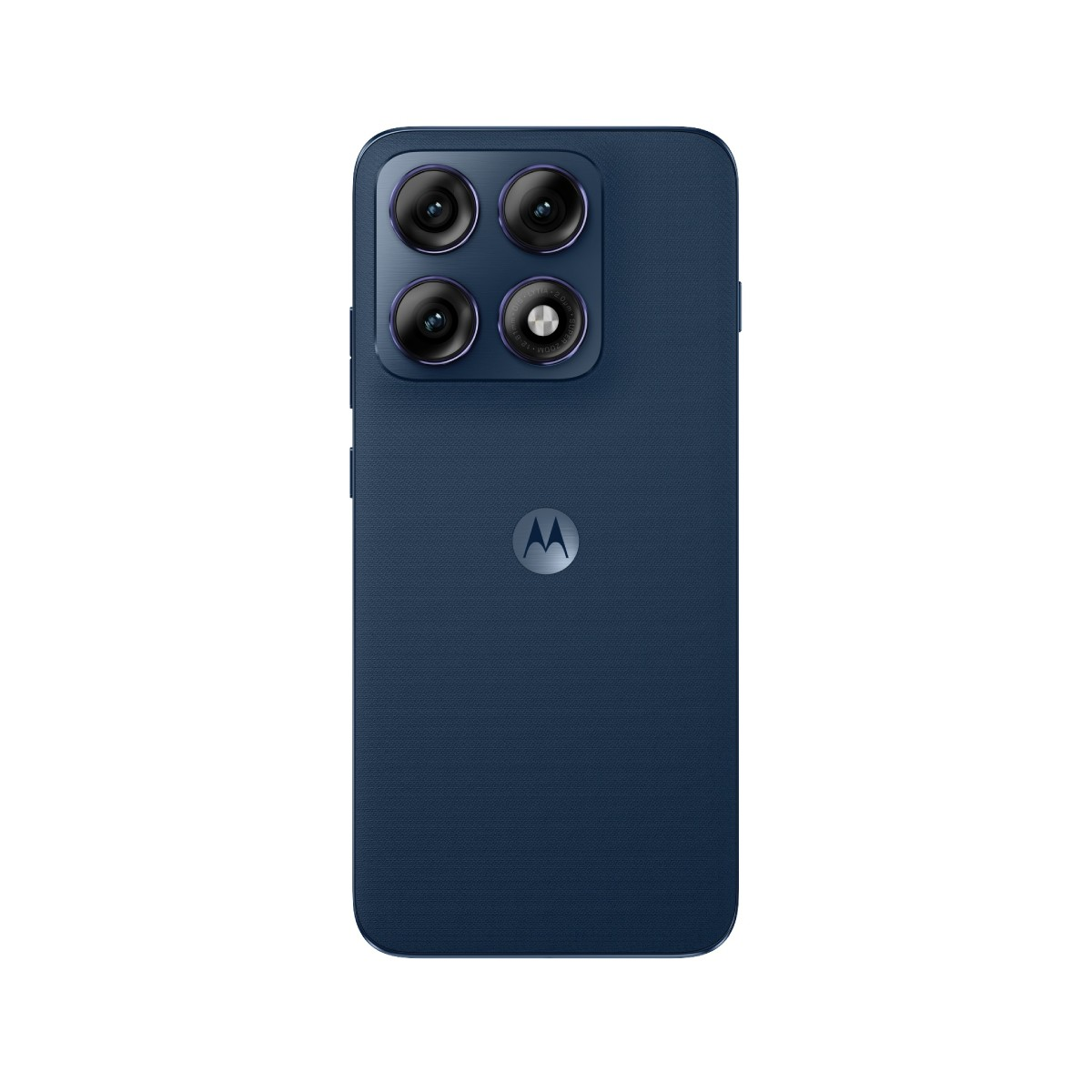 Retro di uno smartphone blu scuro con quattro obiettivi e logo Motorola.