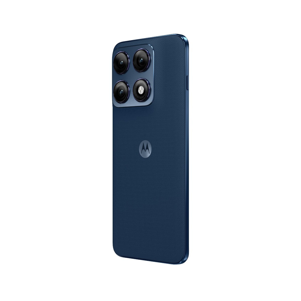 Smartphone blu scuro con quattro fotocamere posteriori e logo Motorola.