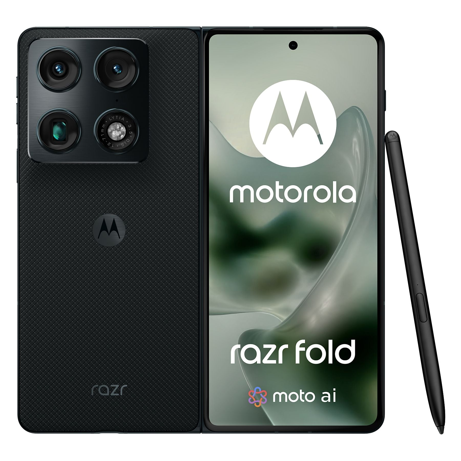Motorola Razr piegato con quattro fotocamere e stilo.
