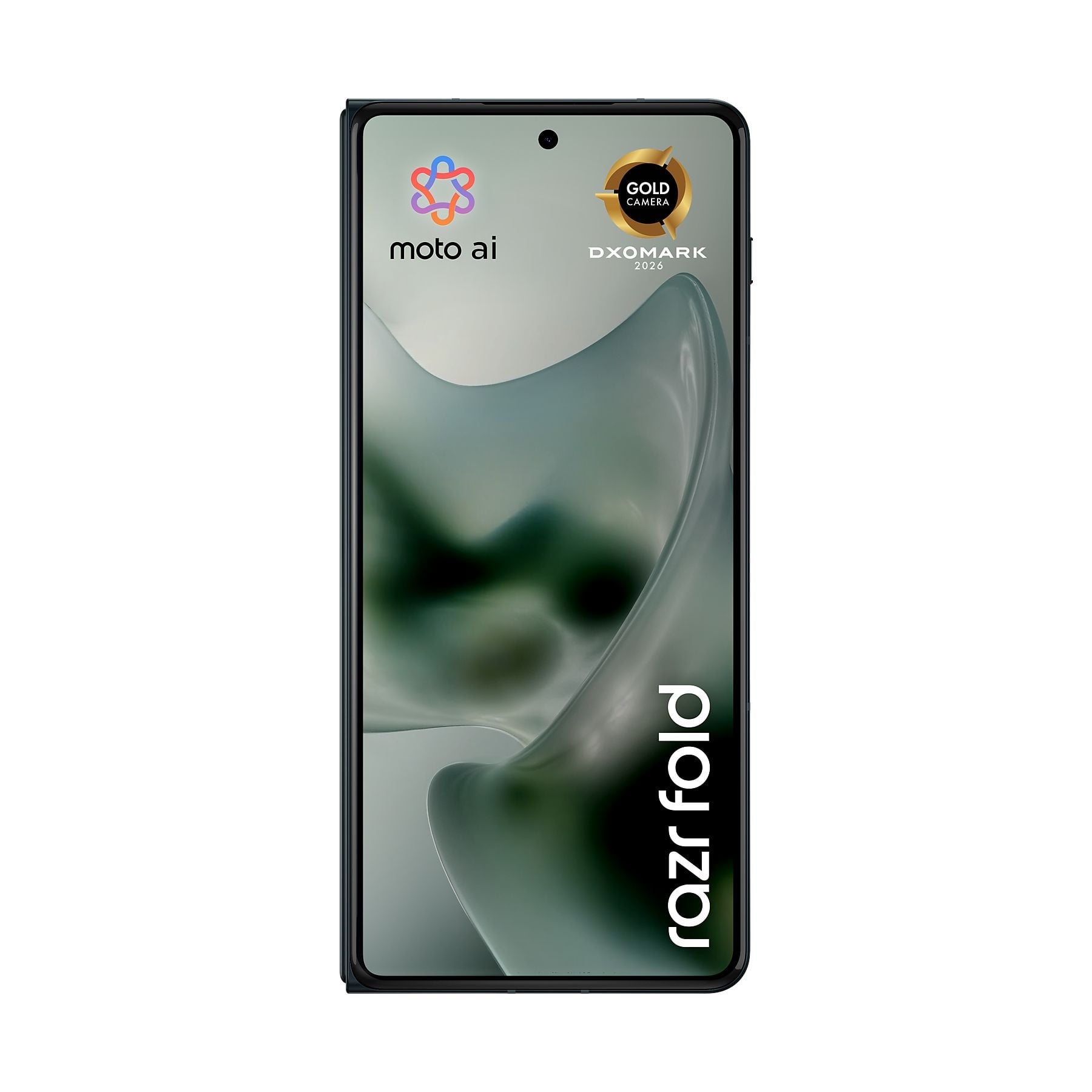 Un telefono pieghevole tenuto verticalmente con logo Moto AI e sigillo DXOMARK.