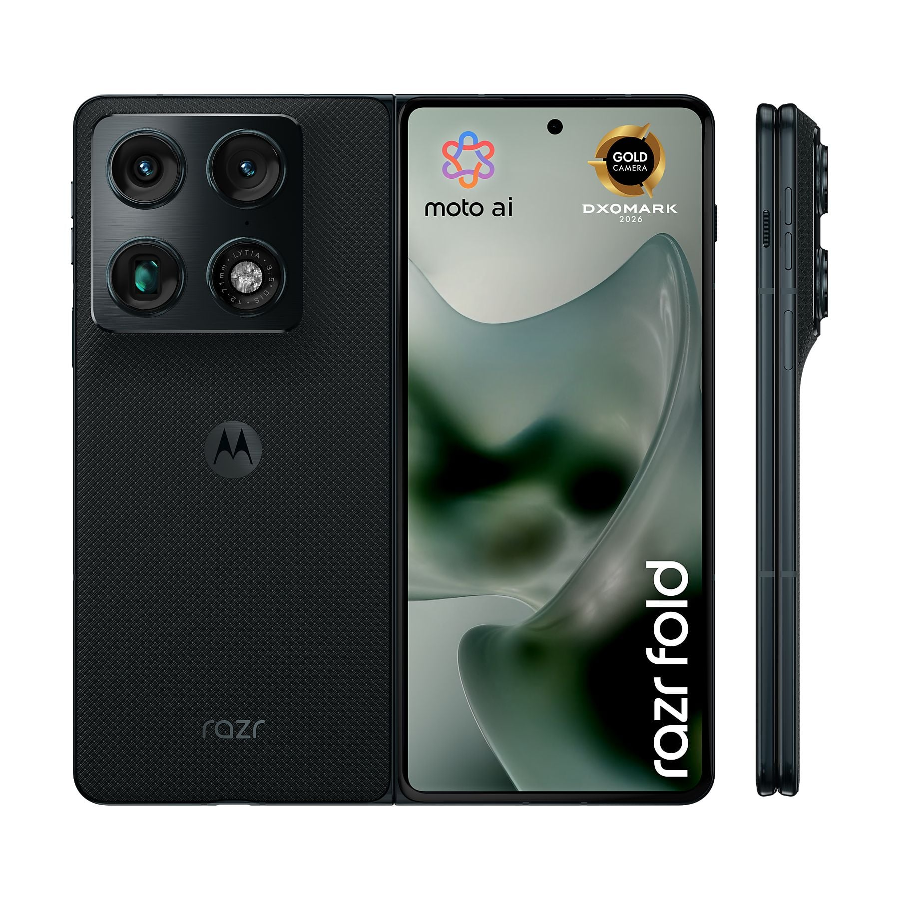 Uno smartphone Motorola Razr pieghevole nero, mostrato frontalmente e di lato.