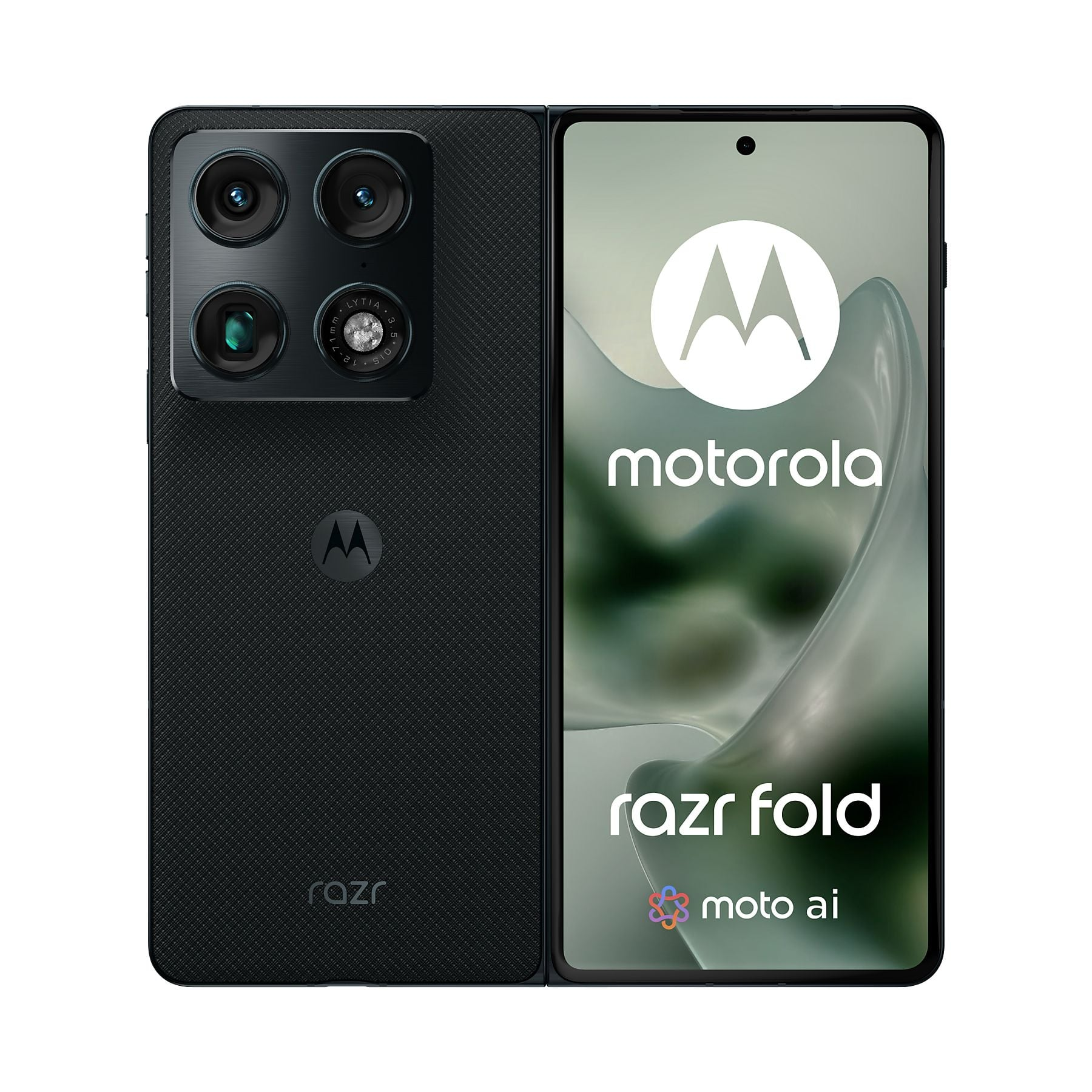 Uno smartphone Motorola Razr Fold nero, aperto. Il retro mostra le fotocamere. Lo schermo visualizza il logo Motorola.