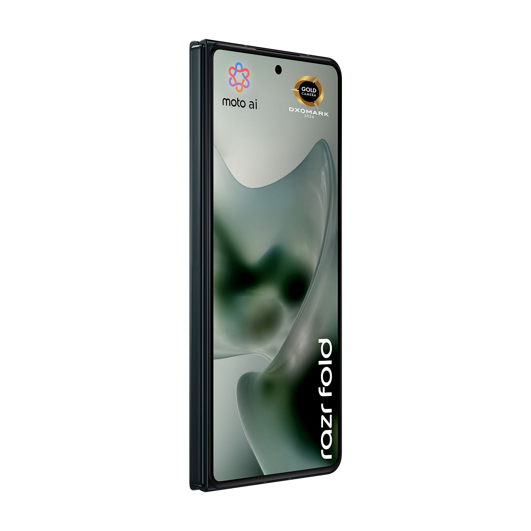 Uno smartphone pieghevole grigio scuro chiuso con testo 'razr fold'.
