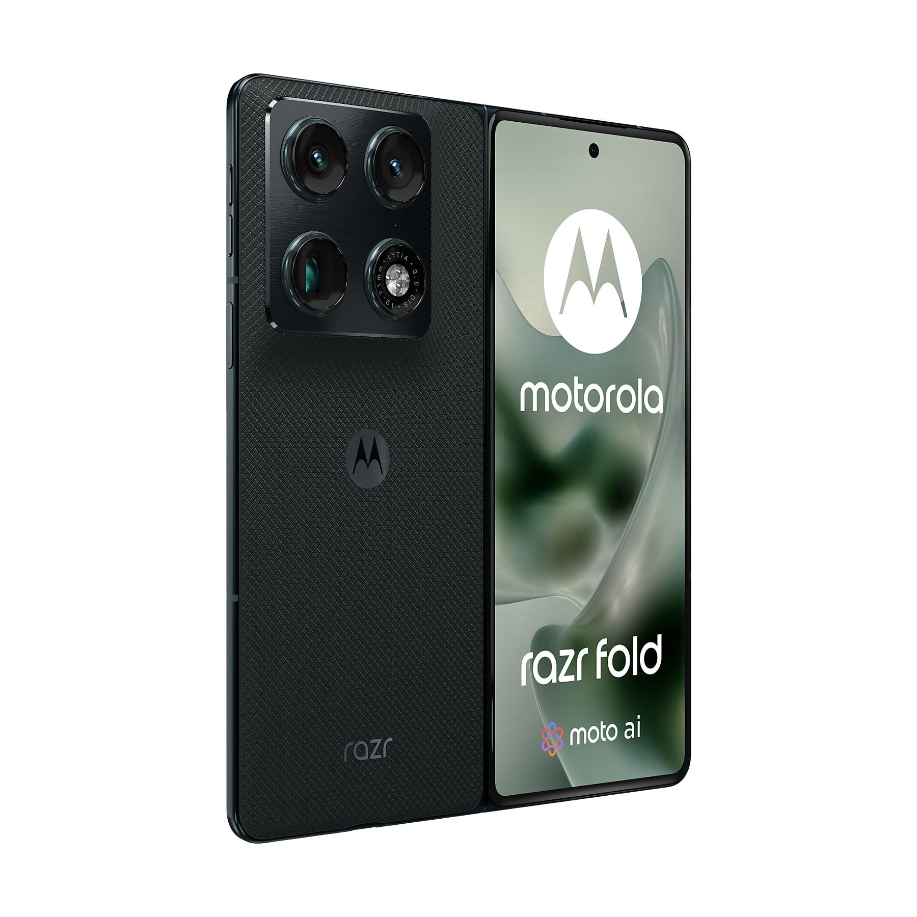 Uno smartphone Motorola Razr Fold nero con quattro fotocamere sul retro.