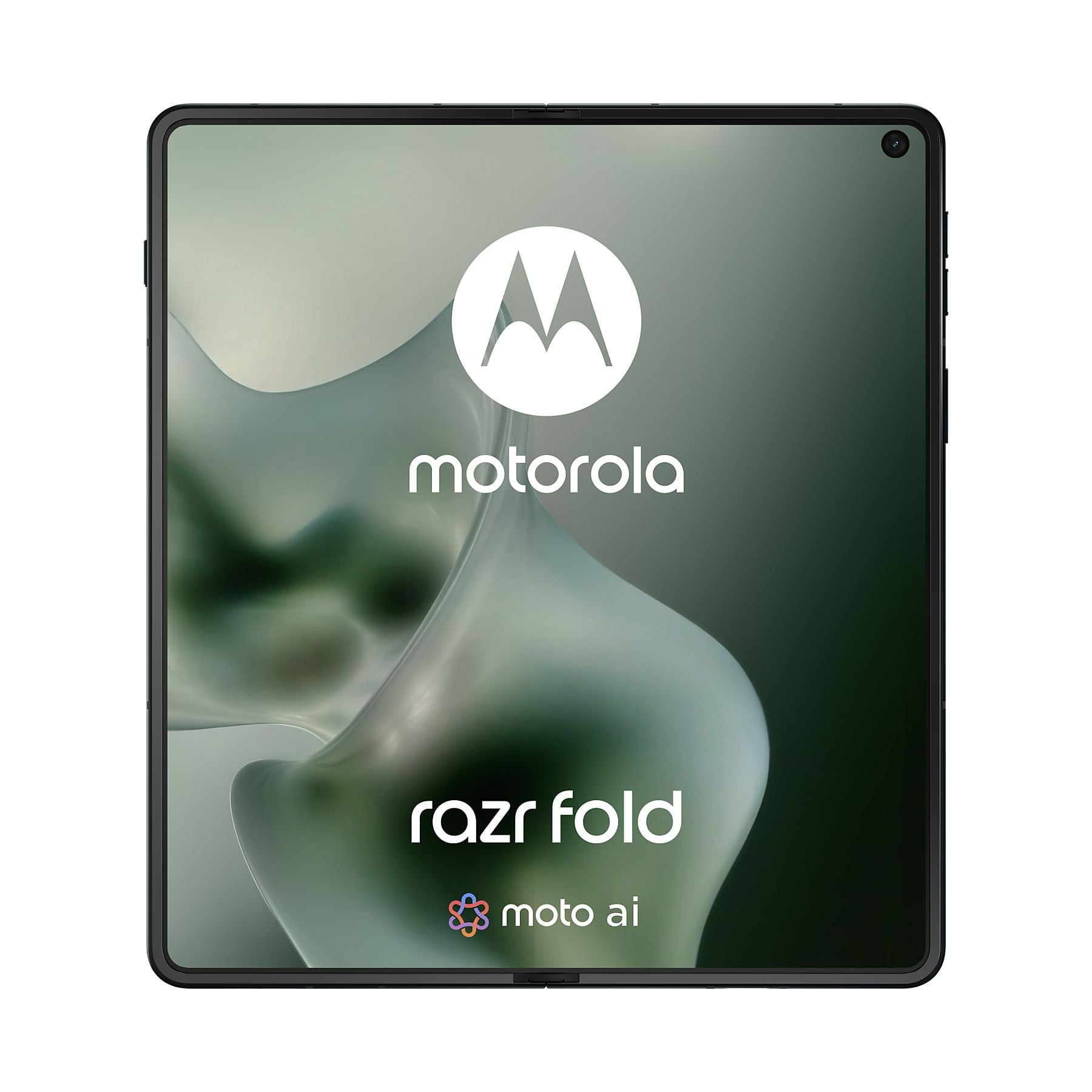 Un Motorola Razr Fold con logo Moto AI su sfondo verde.