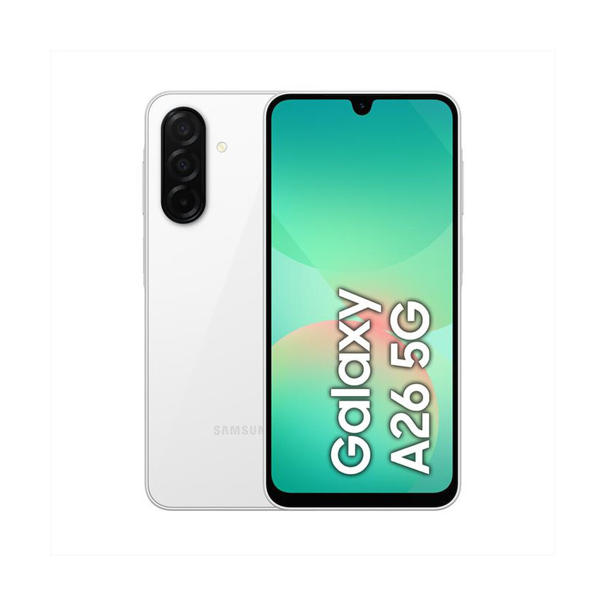 Uno smartphone Samsung Galaxy A26 5G bianco con tre fotocamere sul retro.
