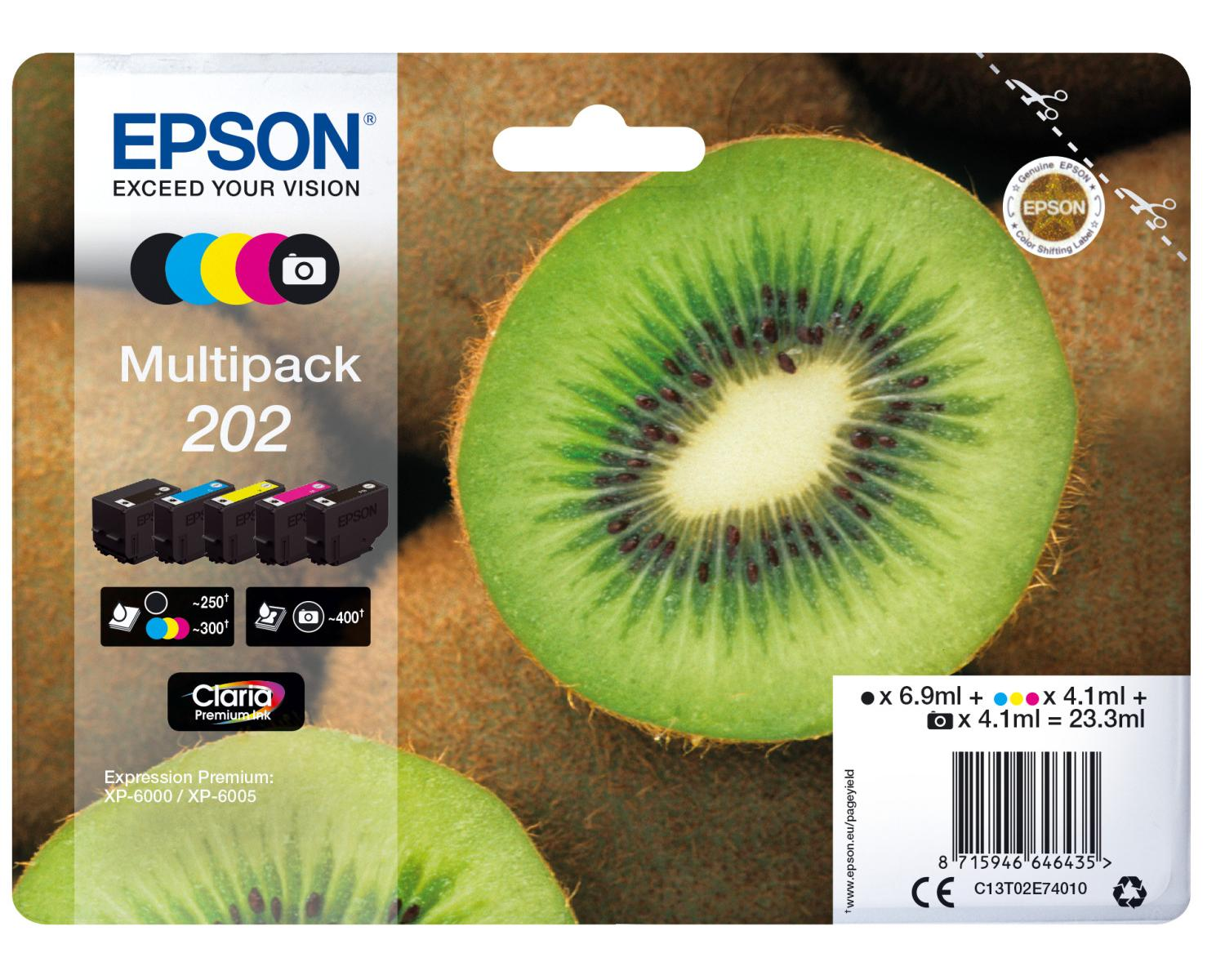 Pack de 4 cartuchos de tinta Epson 202 con diseño de kiwi, se muestran cuatro cartuchos.