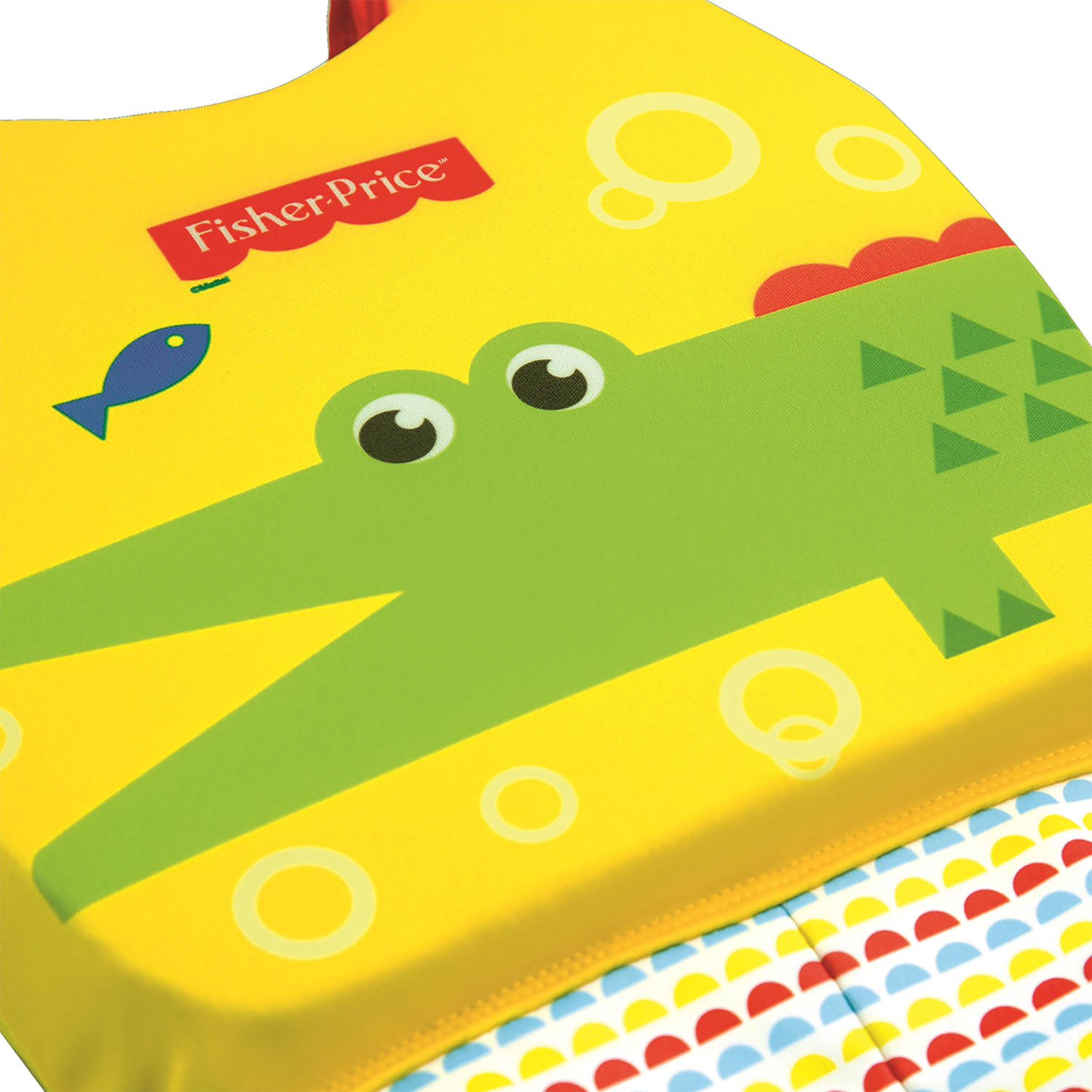 Gilet galleggiante giallo con coccodrillo verde, pesce blu e motivo a bolle.