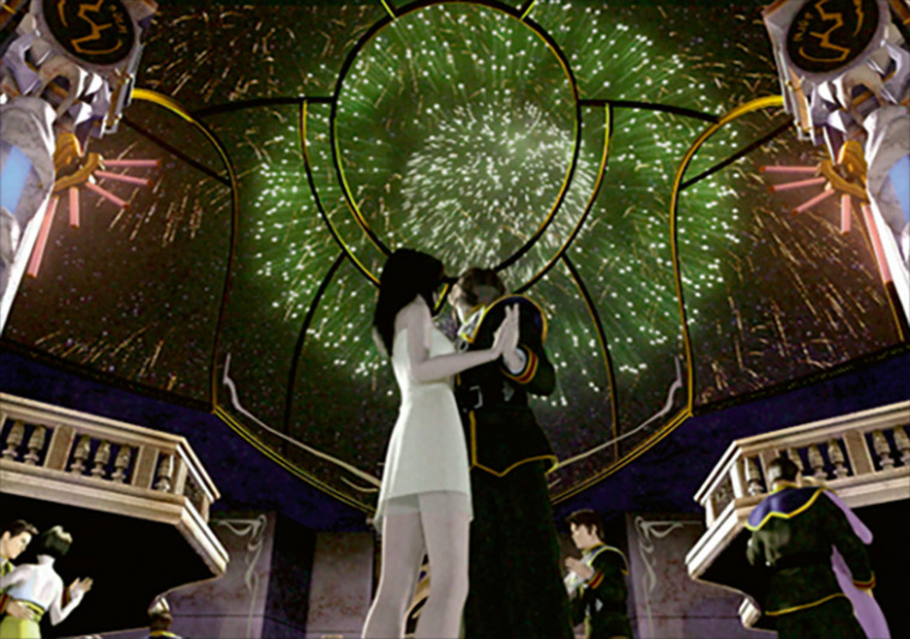 Una coppia balla sotto i fuochi d'artificio in una stanza opulenta con balconi.