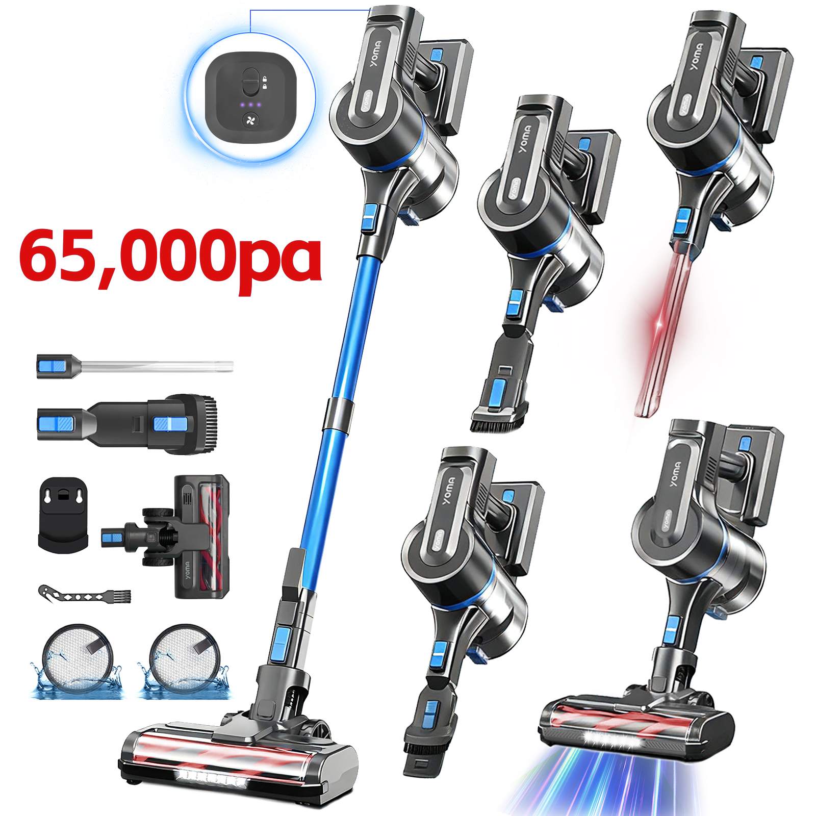 Un aspirapolvere a scopa blu con accessori e potenza di 65.000 Pa.