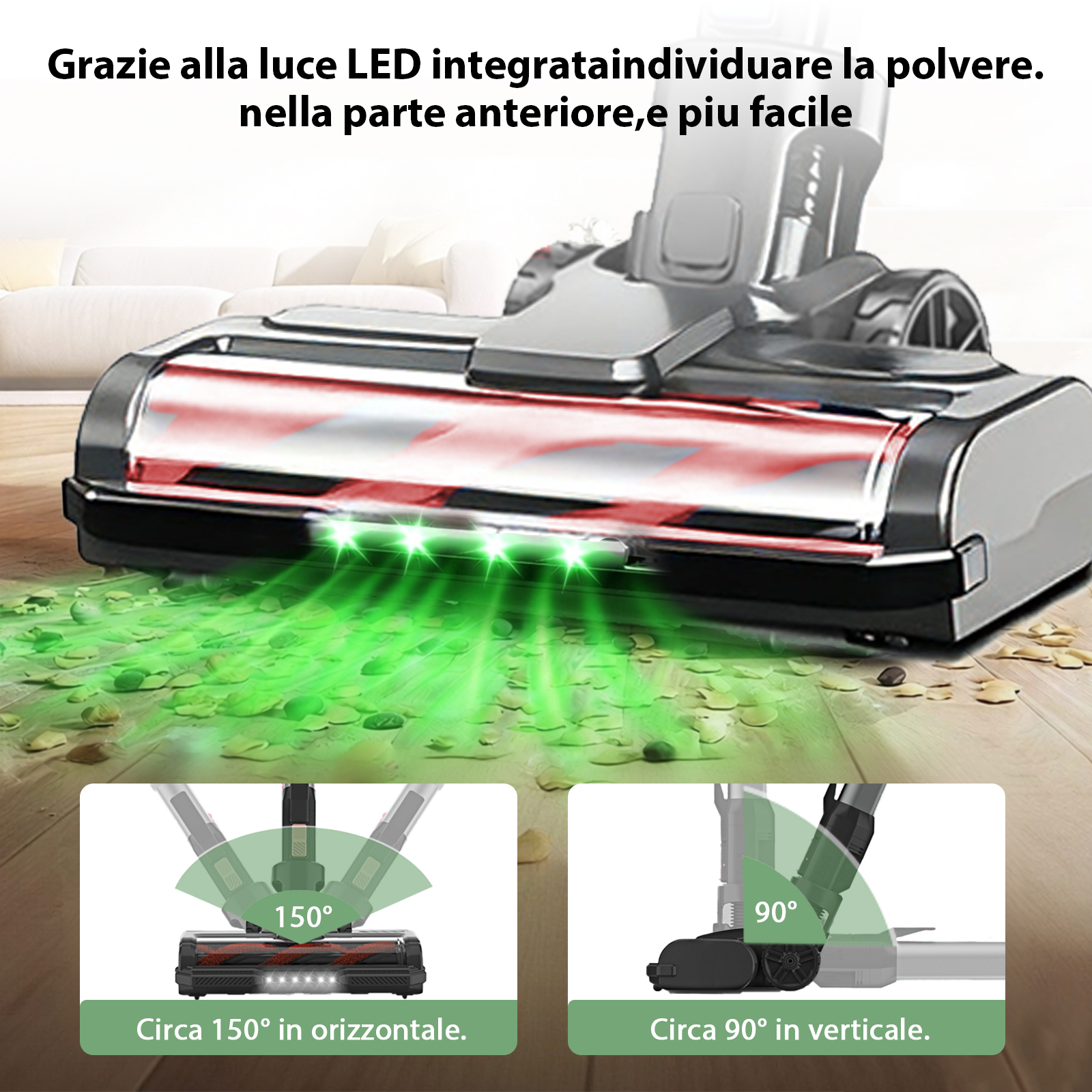 Testina aspirapolvere con luci LED che illuminano la polvere a terra.