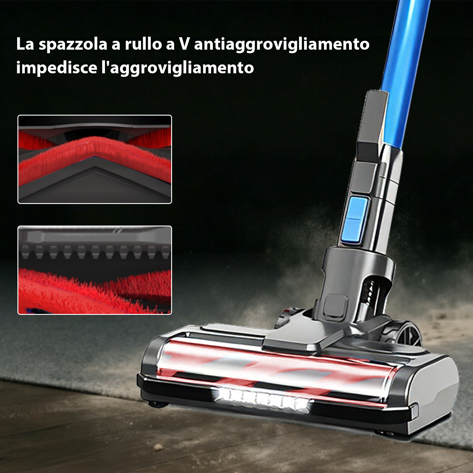Testina aspirapolvere con spazzole rosse e manico blu su pavimento polveroso.