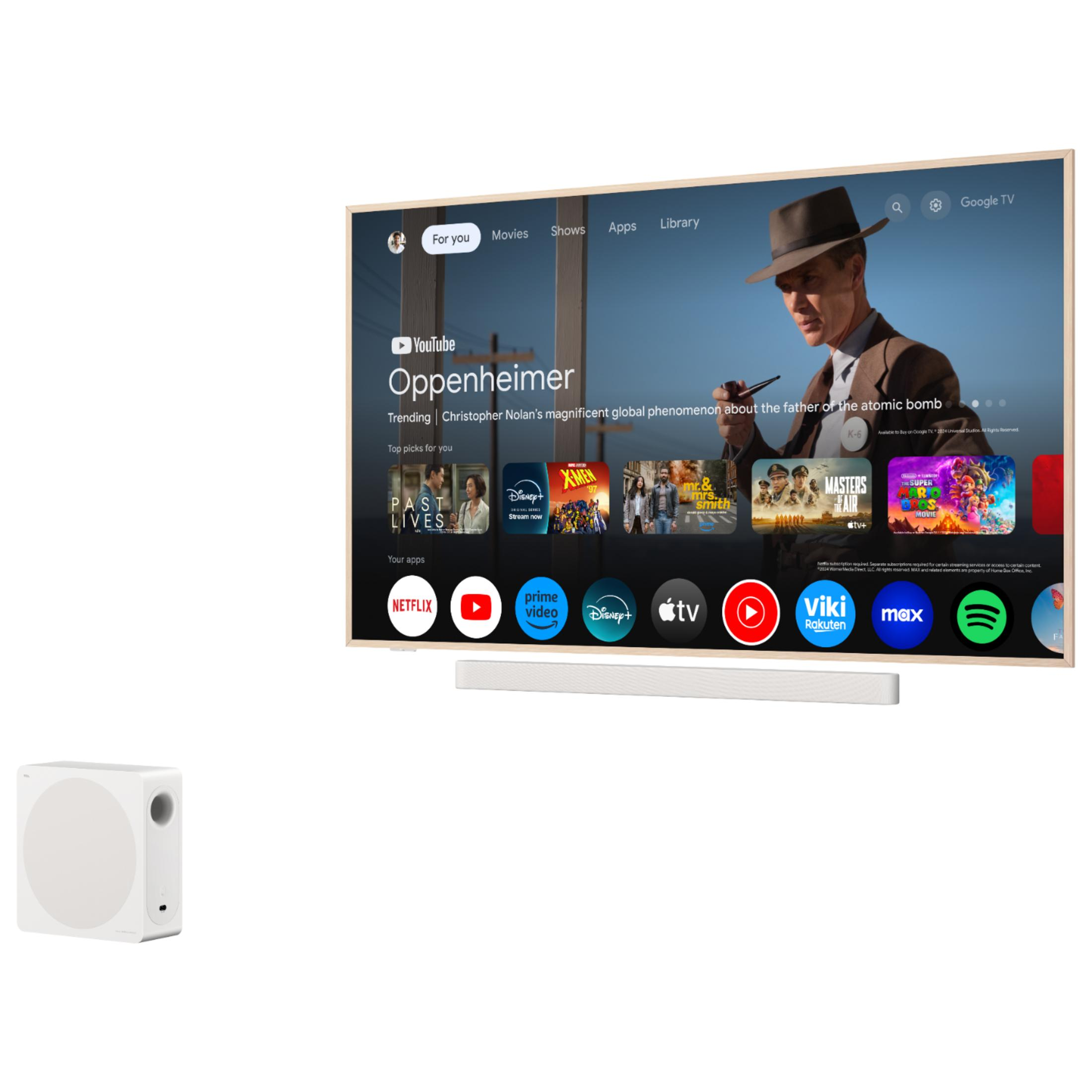 Biały subwoofer po lewej stronie telewizora z interfejsem Google TV.
