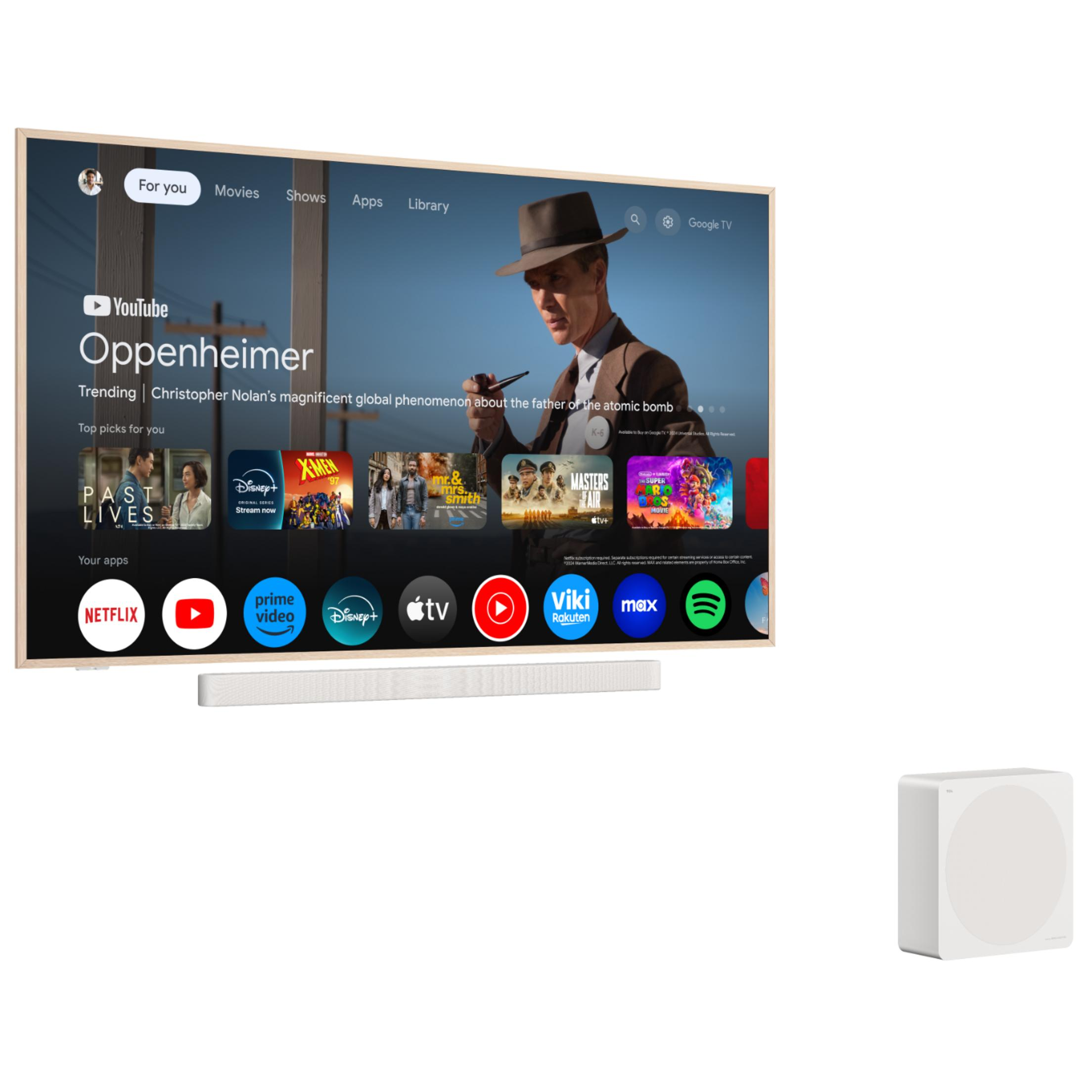 Un televisor con Google TV muestra la película Oppenheimer e iconos de aplicaciones como Netflix y YouTube.