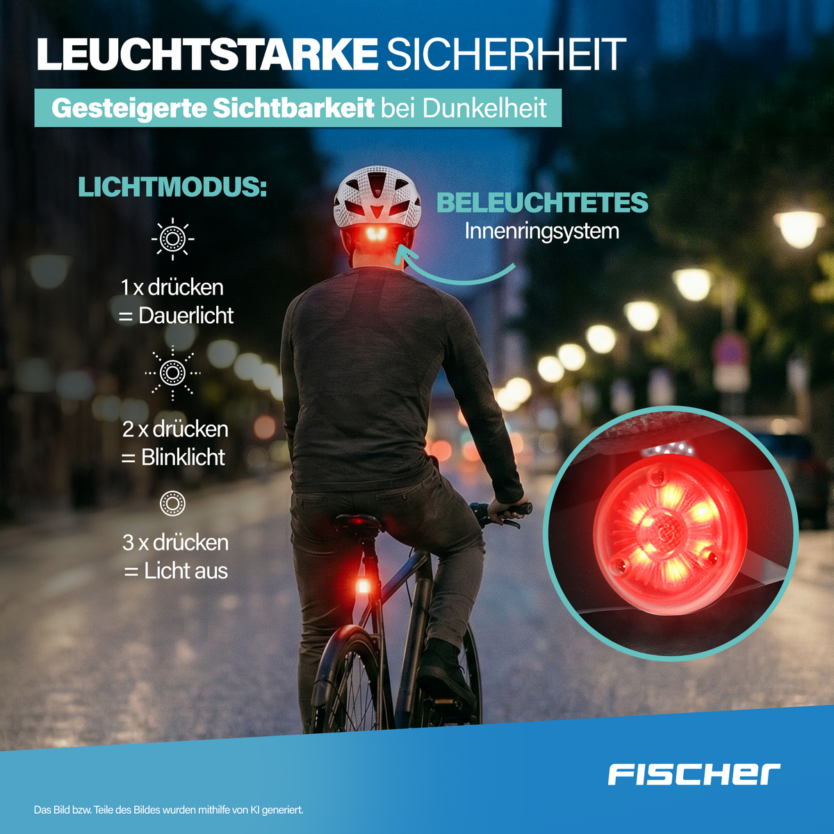 Fahrradfahrer bei Nacht mit Helm und Rücklicht, der die Lichtmodi erklärt.