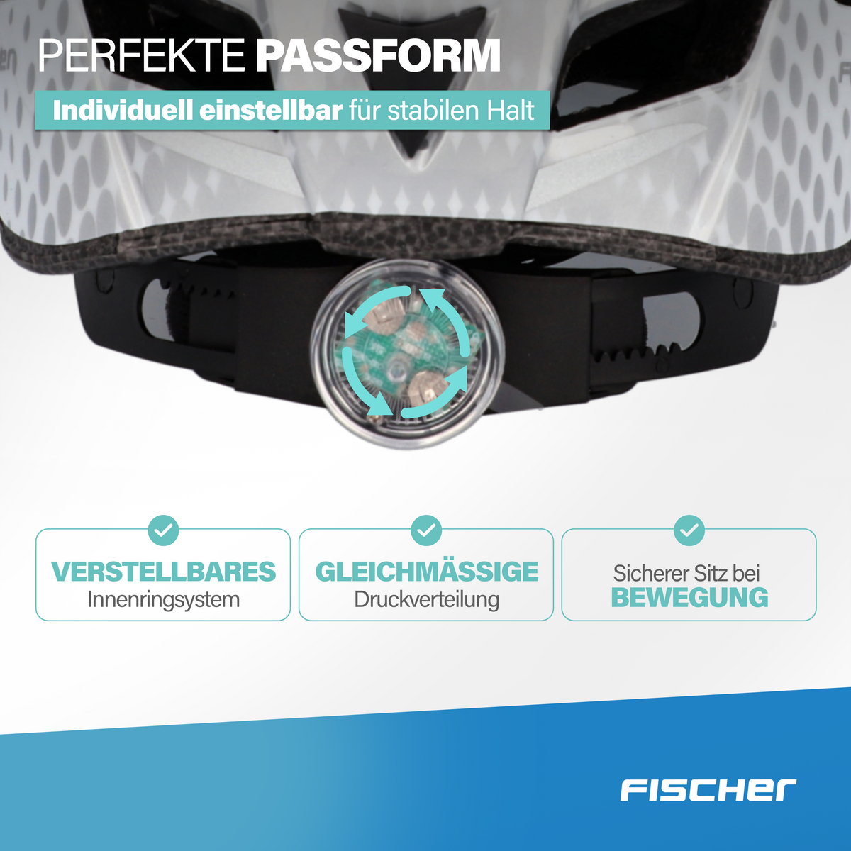Ein weißer Fahrradhelm mit Rücklicht und Text über Passform und Halt.