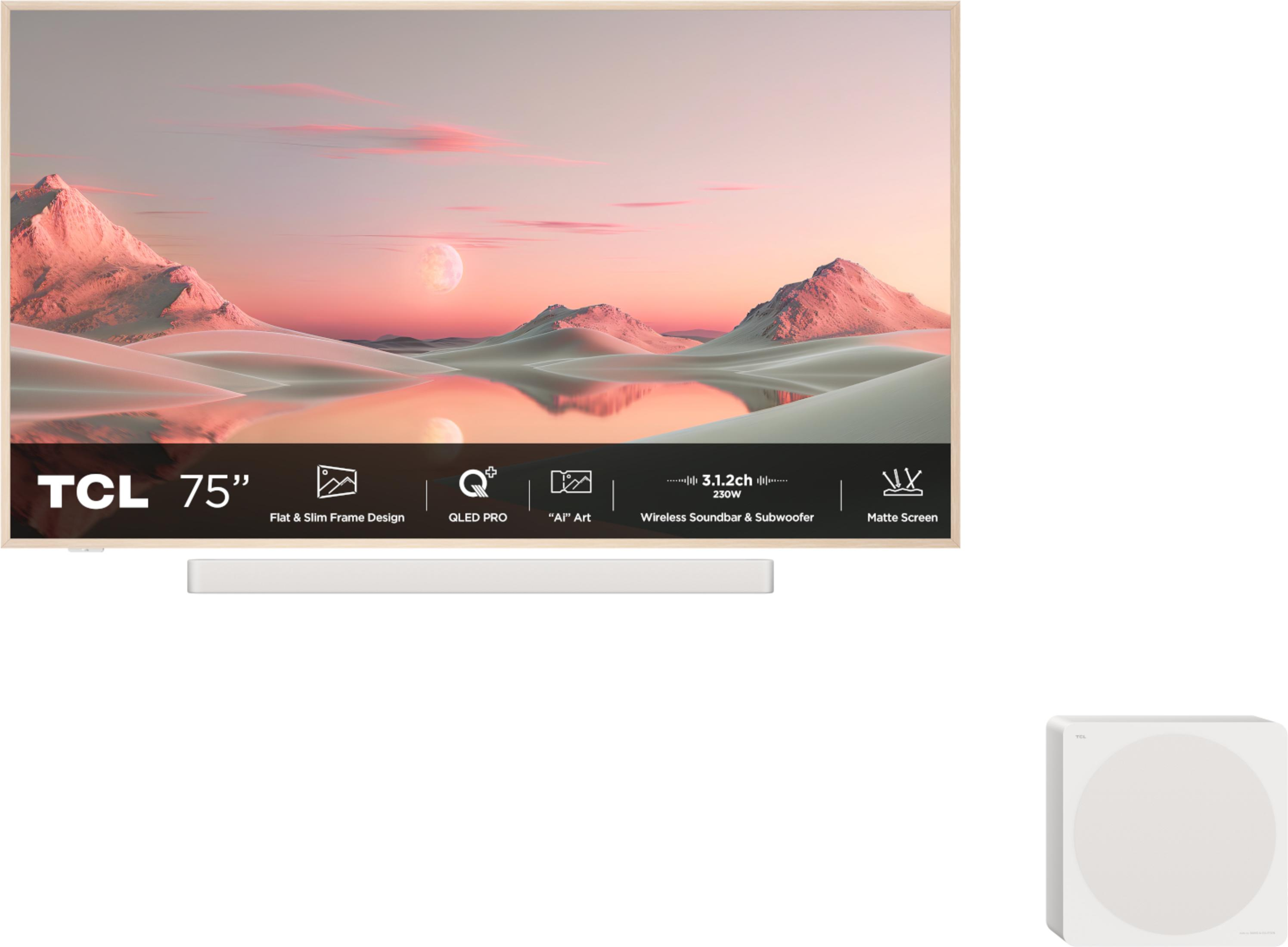 Telewizor TCL 75" z cienką ramką, soundbarem i subwooferem. Pokazuje pustynny krajobraz.