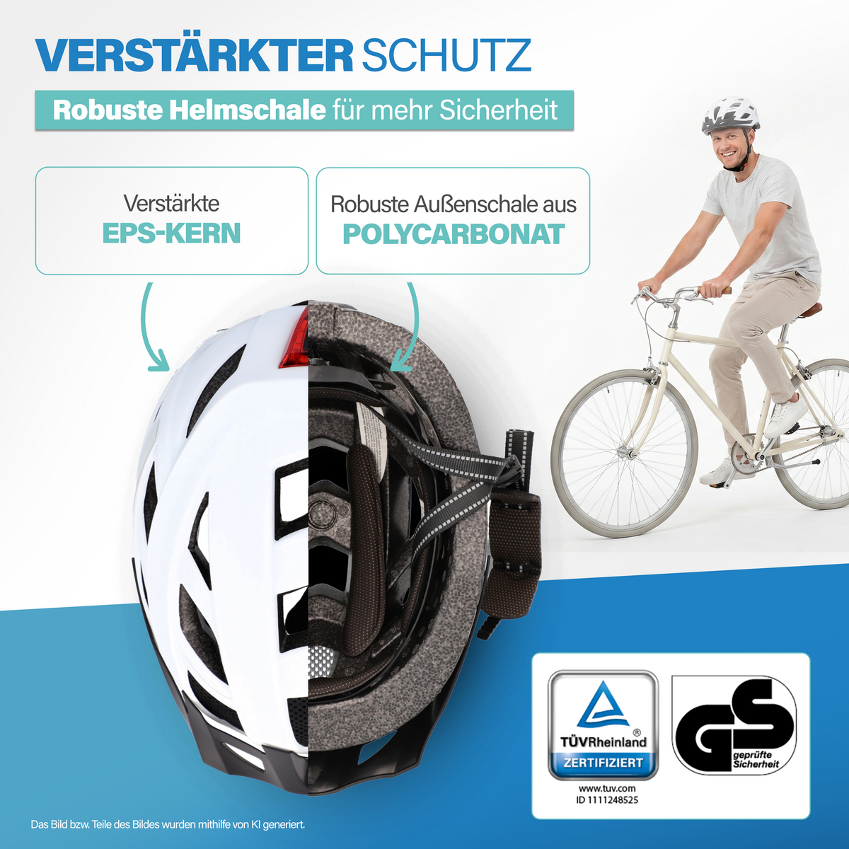 Ein Mann fährt Fahrrad mit einem weißen Helm. Der Helm ist zerlegt dargestellt.