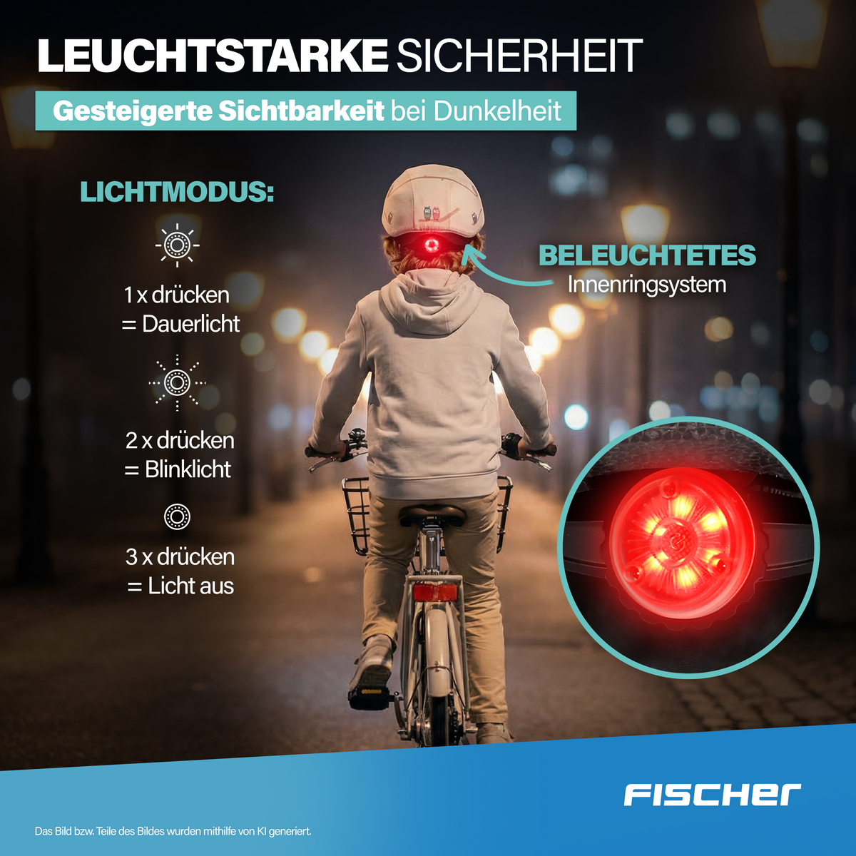 Kind auf Fahrrad bei Nacht mit leuchtendem Helm und Rücklicht, zeigt Lichtmodi.