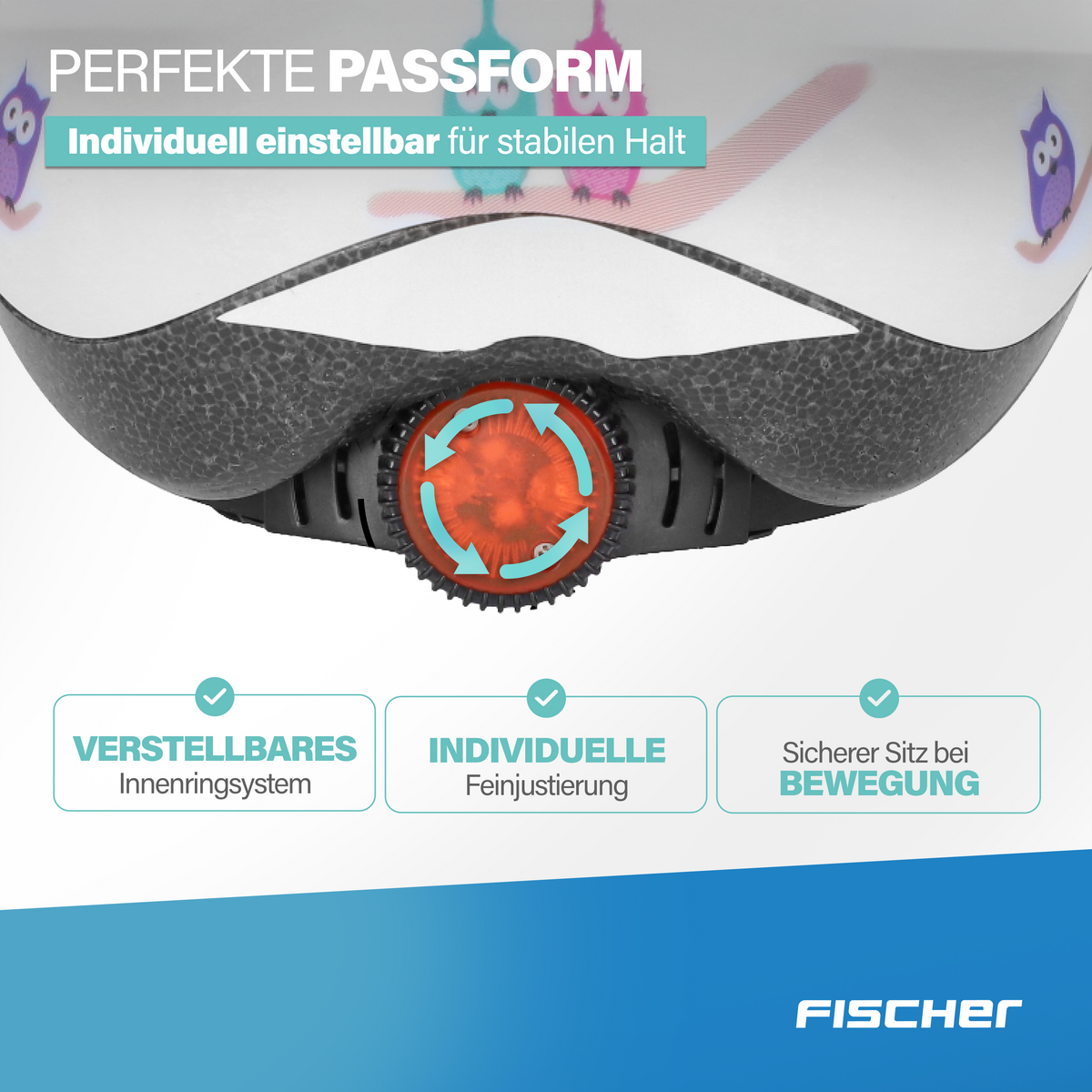 Fahrradhelm mit Einstellrad, auf dem "PERFEKTE PASSFORM" steht.