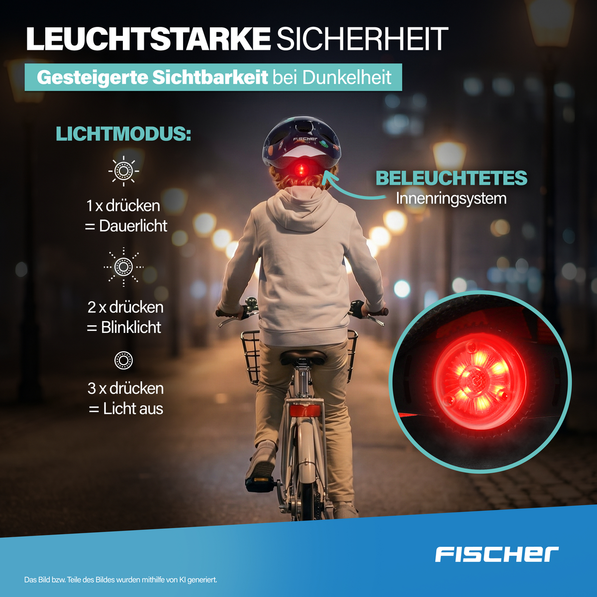 Kind mit Helm fährt Fahrrad bei Nacht, zeigt Lichtmodi und beleuchtetes Innenringsystem.