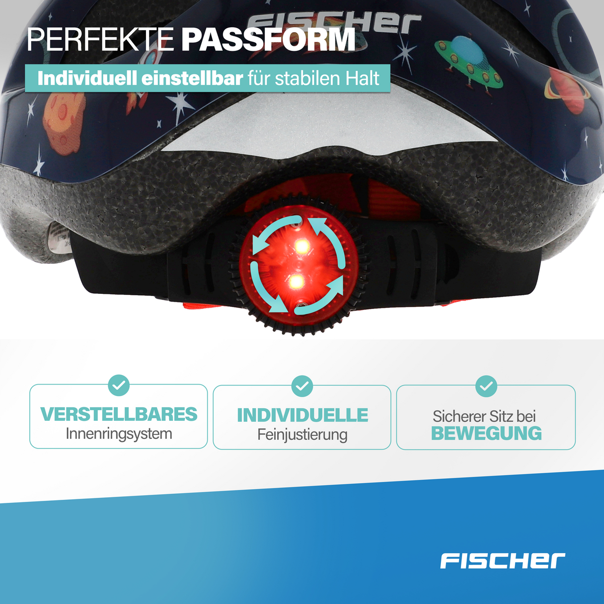Fischer Fahrradhelm mit Rücklicht und Weltraum-Motiv. Verstellbar.