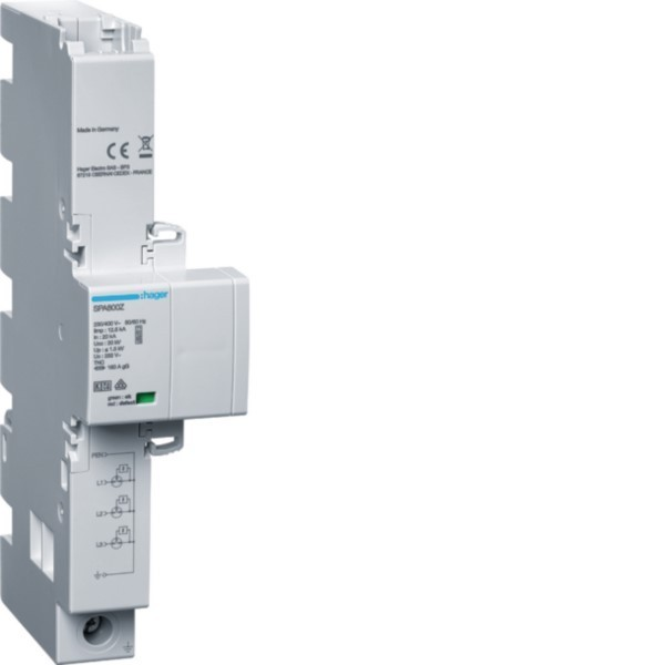 Un scaricatore di sovratensione Hager bianco con etichettatura e connessioni.