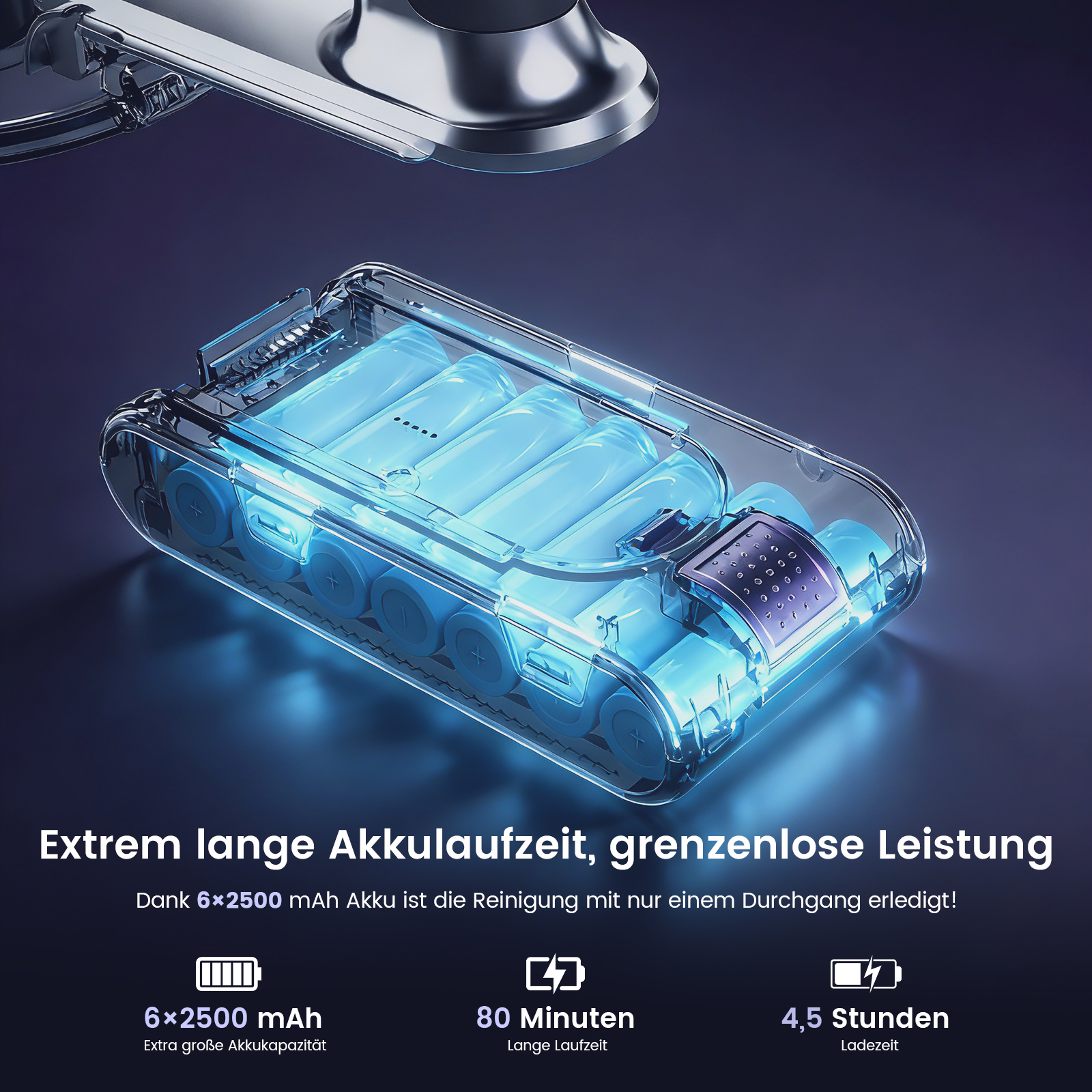 Ein transparenter Behälter mit blauen Batterien und einem Metallgriff.