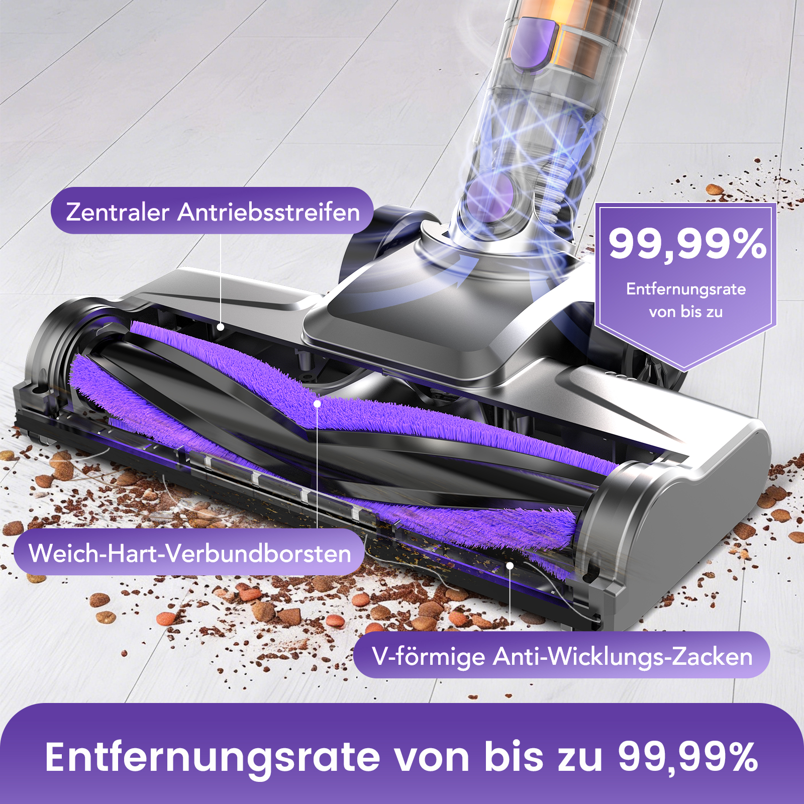 Staubsaugerbürste mit lila Borsten, die Schmutz aufnimmt. 99,99% Entfernungsrate.