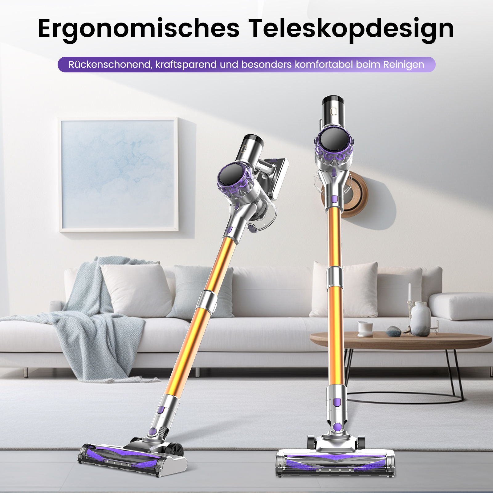 Zwei moderne, kabellose Staubsauger mit orangenem Rohr und violetten Akzenten stehen in einem Wohnzimmer.