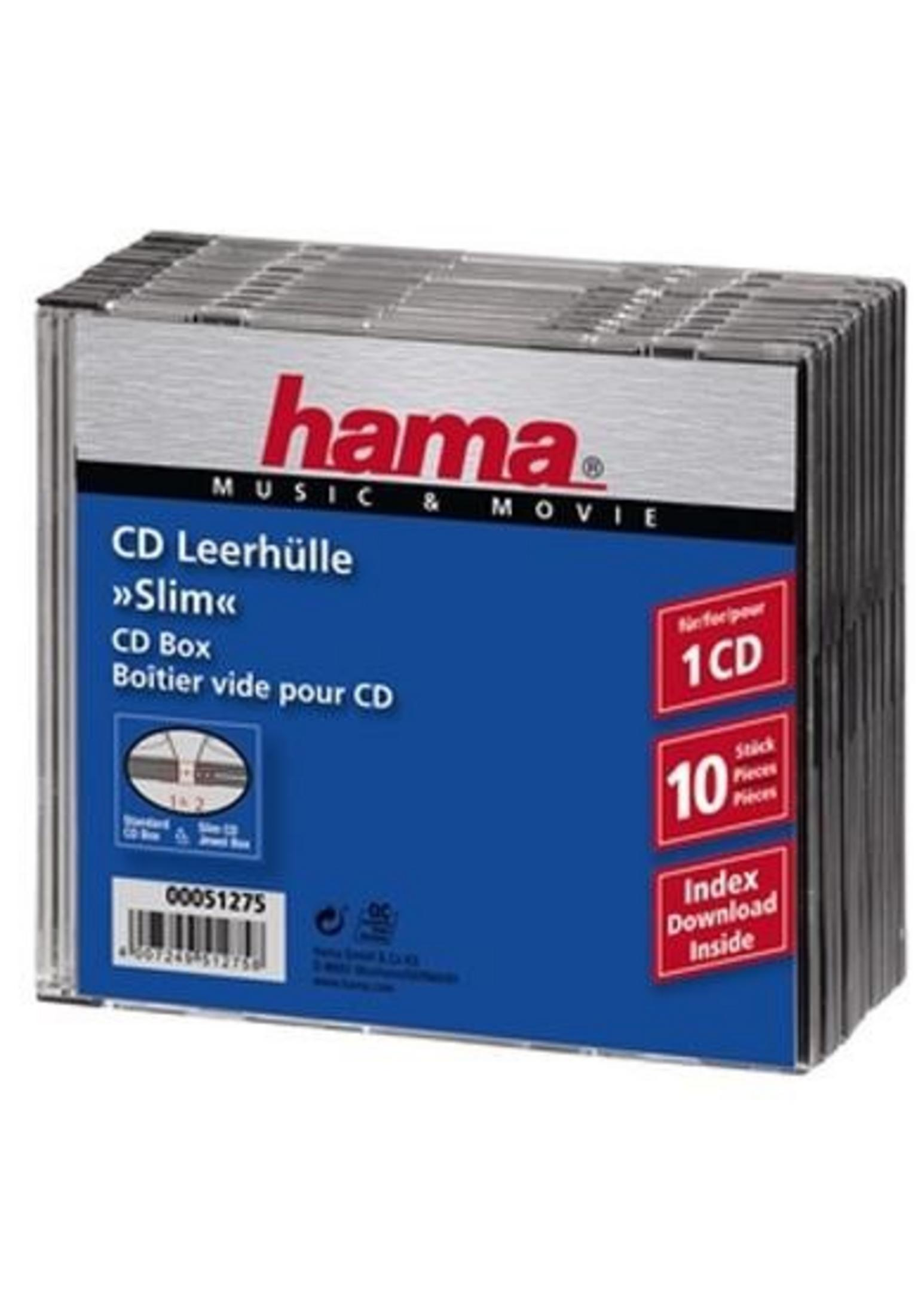 Verpackung von 10 Hama CD-Leerhüllen, Modell 'Slim', im blauen Design.