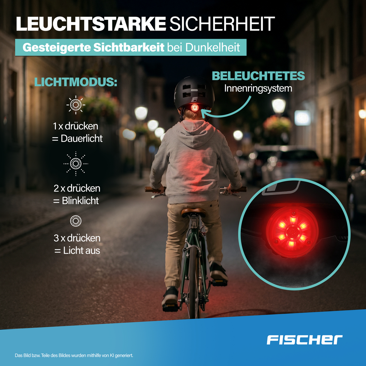 Kind fährt Rad im Dunkeln mit leuchtendem Rücklicht und Erläuterungen.