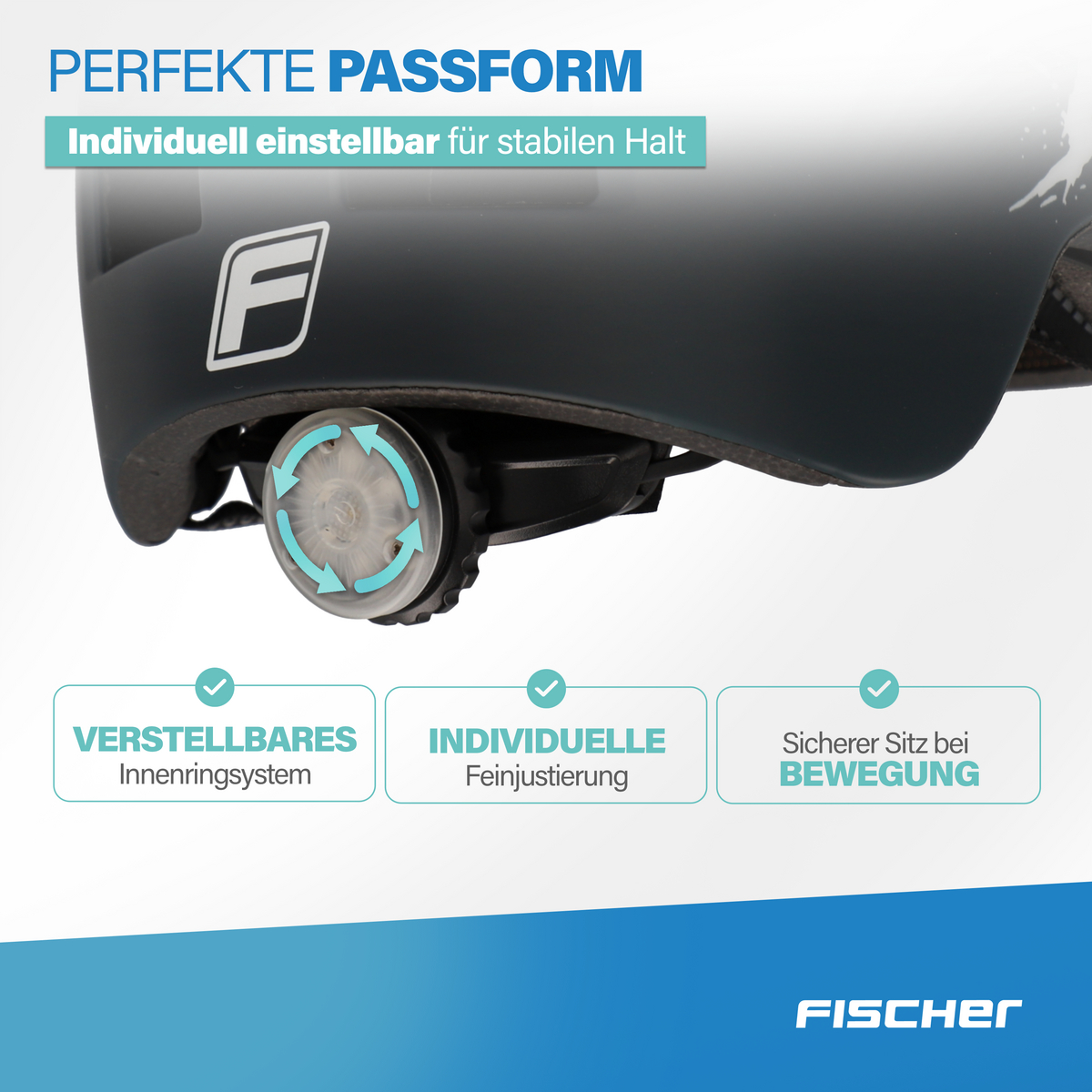 Schwarzer Fahrradhelm mit Logo, verstellbarem Drehrad und drei Textfeldern.