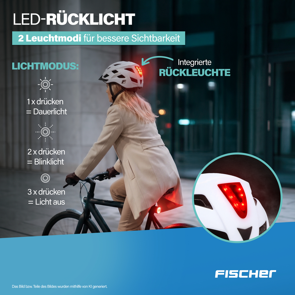 Fahrradhelm mit integriertem roten LED-Rücklicht im Dunkeln.