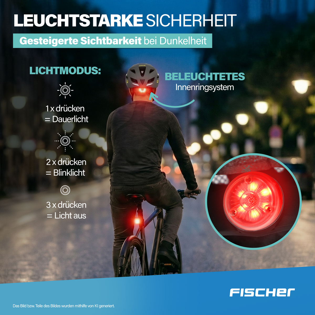 Radfahrer bei Nacht mit Helm und rotem Rücklicht, Beleuchtungsmodi erklärt.
