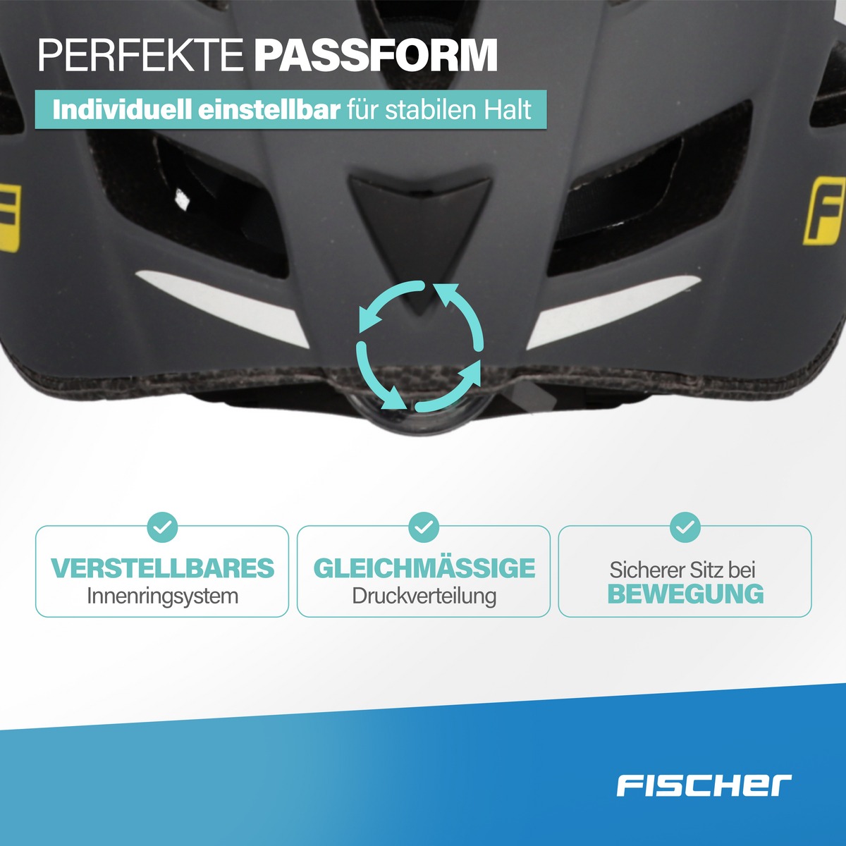 Schwarzer Fahrradhelm mit "Perfekte Passform"-Schriftzug und Symbolen.