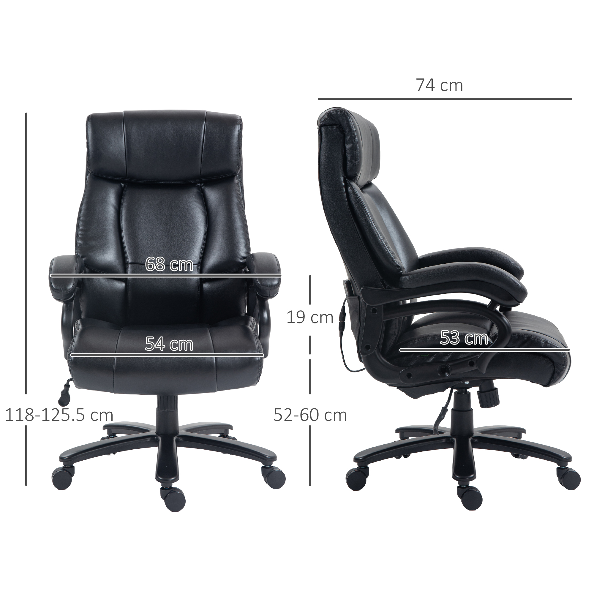 Sedia da ufficio ergonomica nera con dimensioni: 74cm larghezza, 118-125.5cm altezza, 68cm larghezza seduta.