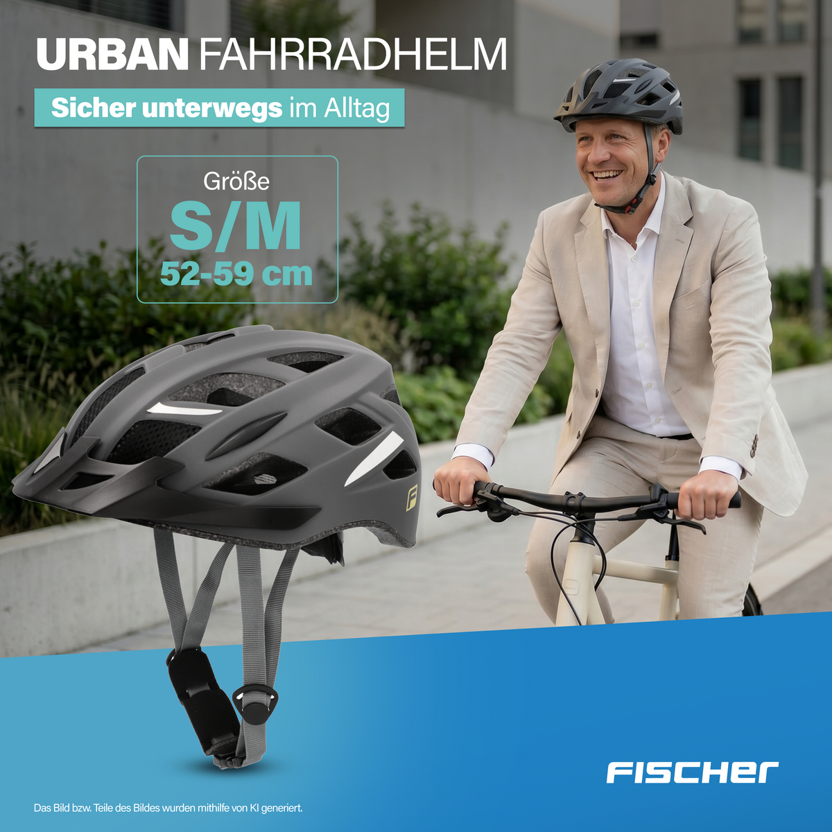 Ein Mann in einem Anzug fährt Fahrrad und trägt einen Helm. Ein zweiter Helm liegt daneben.