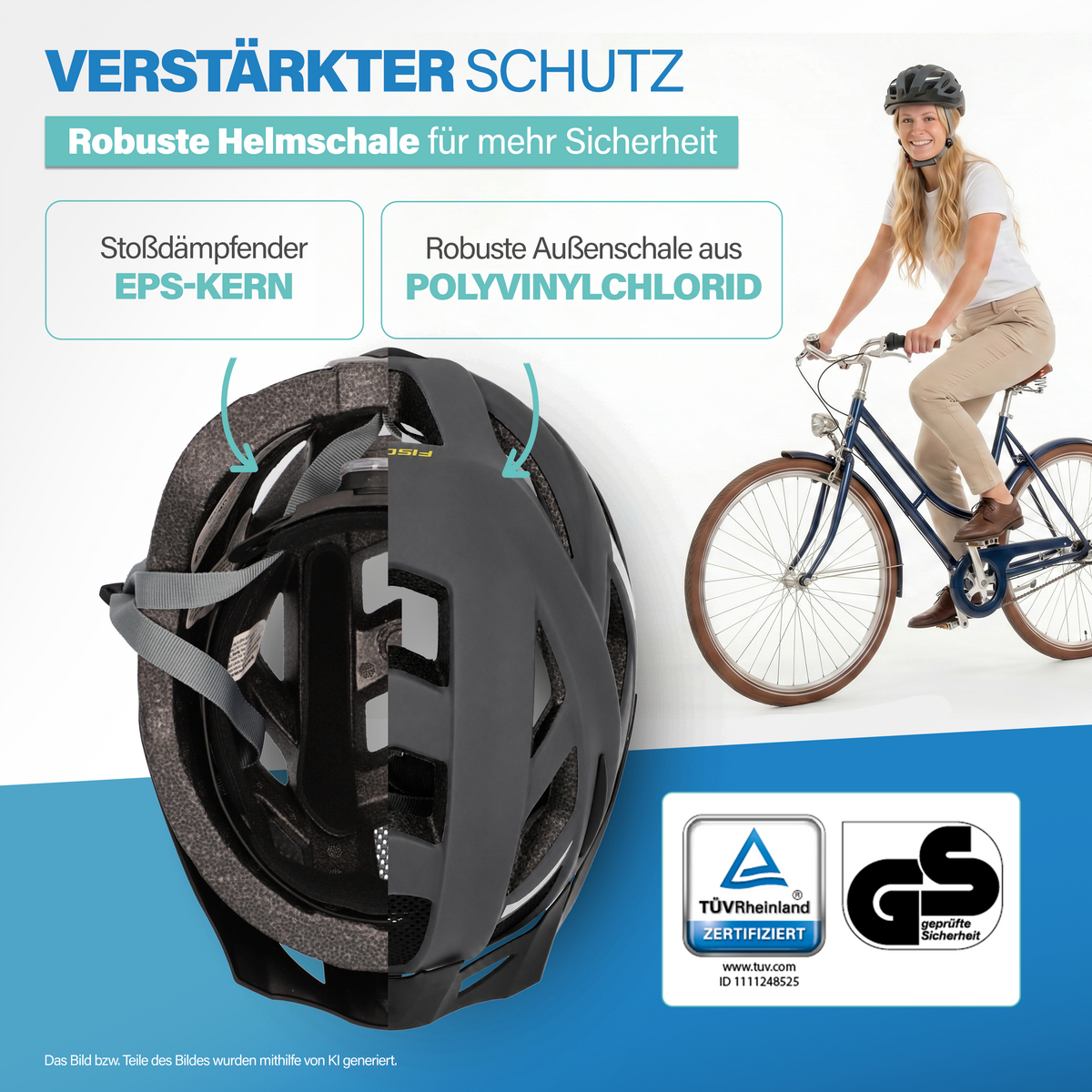 Ein Fahrradhelm wird gezeigt, mit einem Schnitt, der den EPS-Kern und die PVC-Außenschale offenbart. Eine Frau fährt Rad.