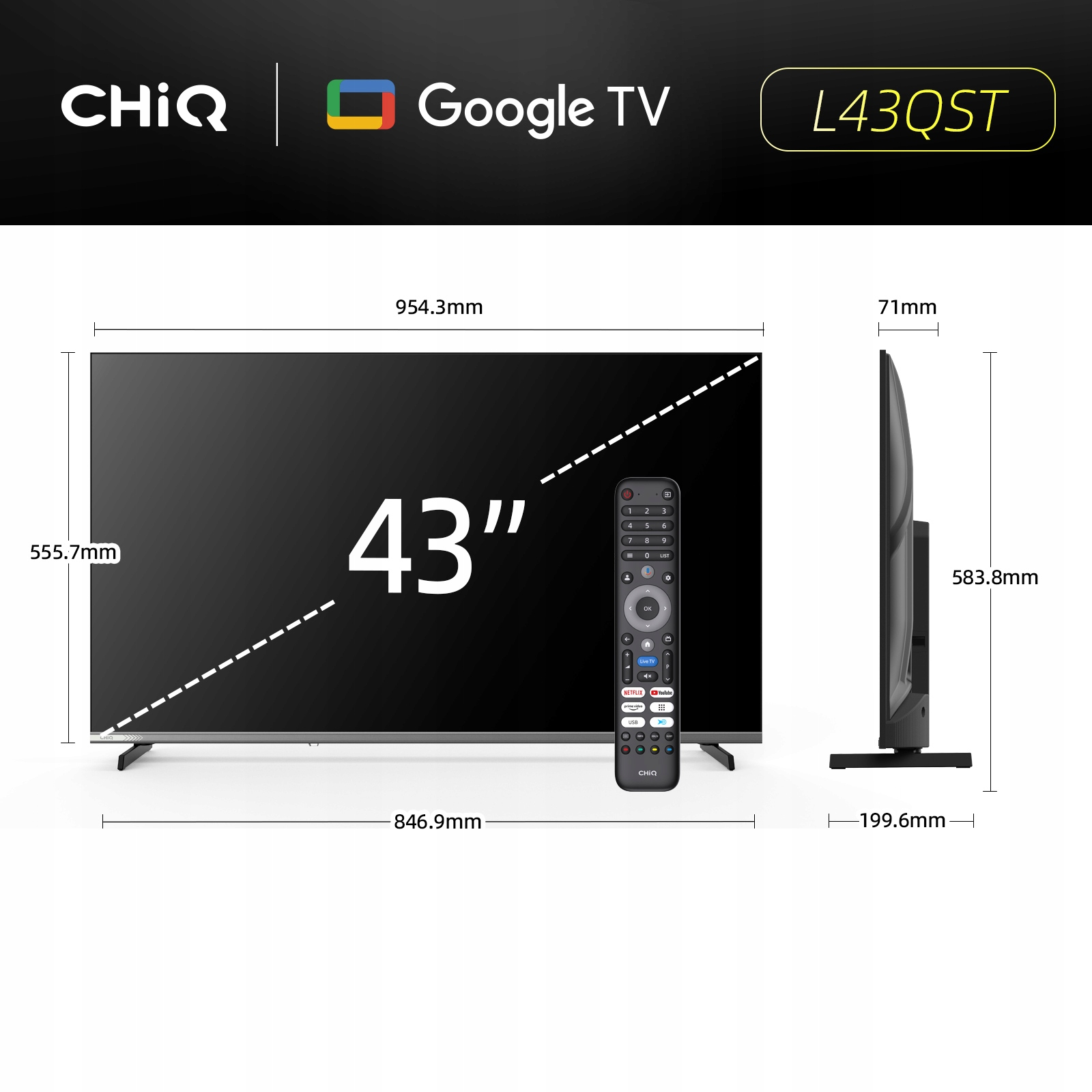 Telewizor CHIQ Google TV 43 cale z pilotem, pokazane wymiary.