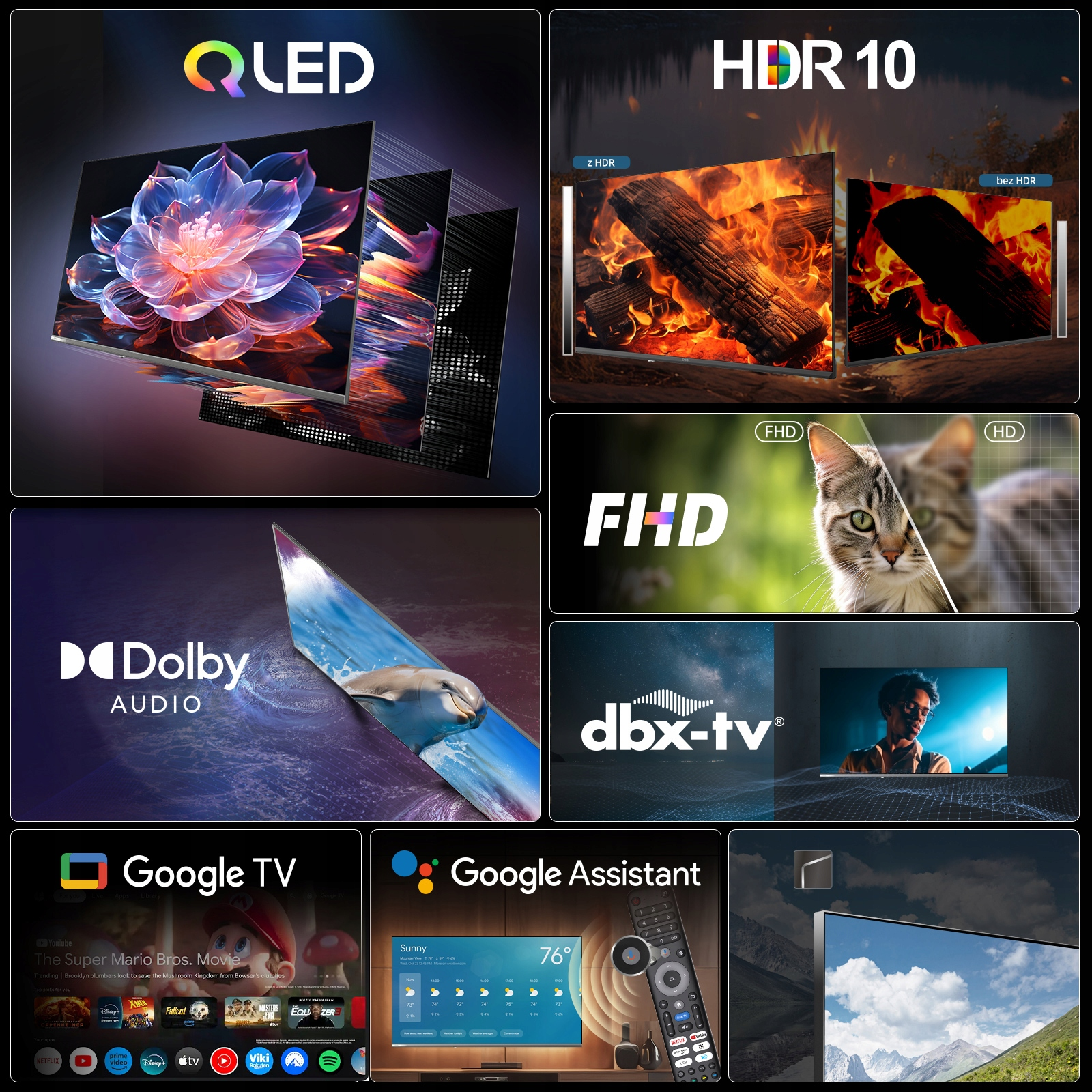 Kolaż funkcji telewizora: QLED, HDR 10, FHD, HD, Dolby Audio, Google TV, Asystent Google.