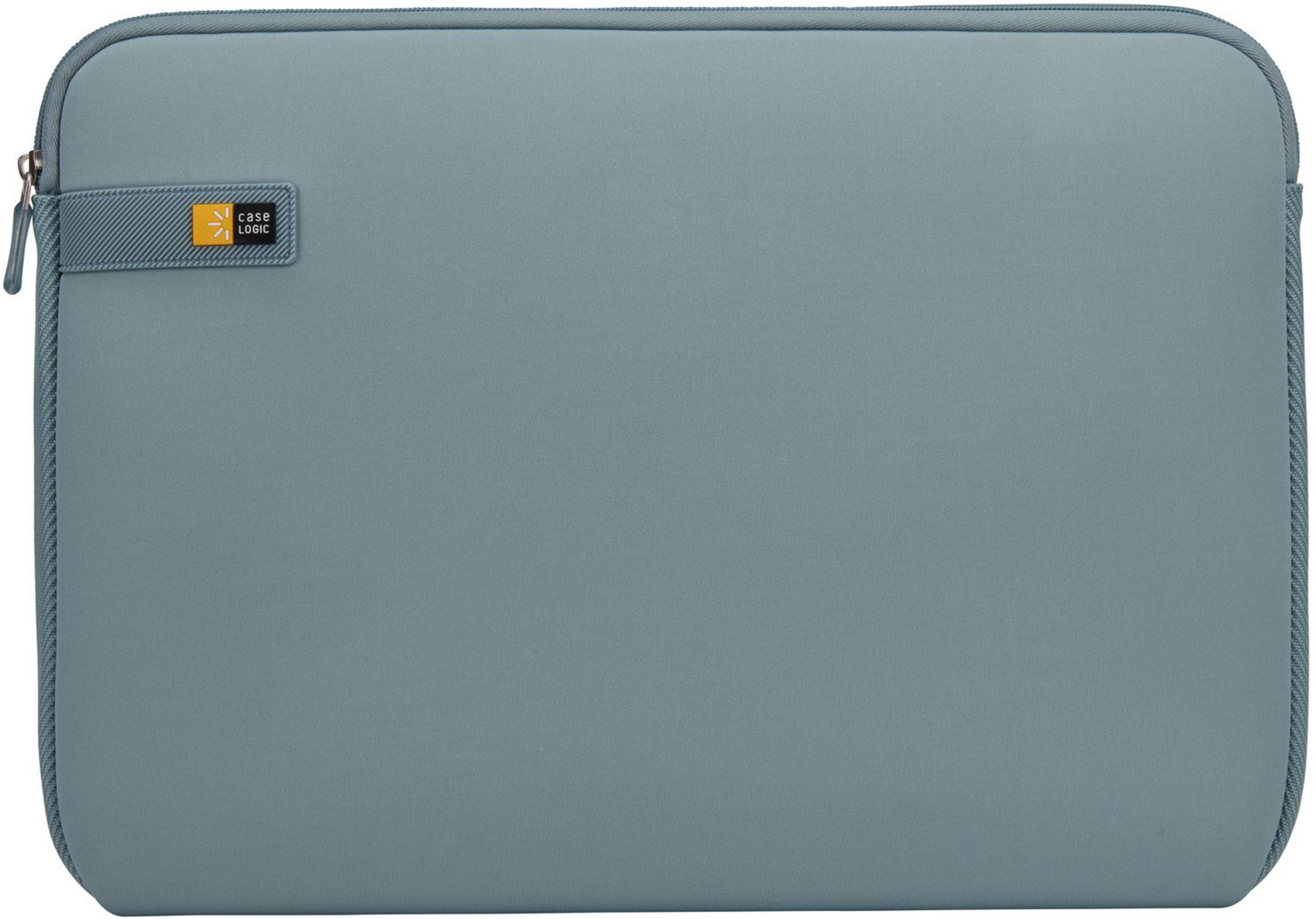 Custodia grigia per laptop con cerniera e logo del marchio.